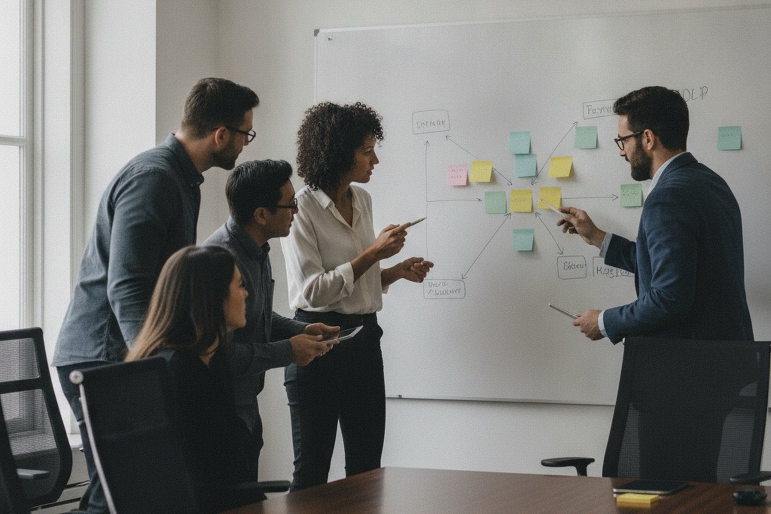 A small, diverse business team standing at a whiteboard covered in sticky notes and a hand-drawn diagram, discussing a project roadmap