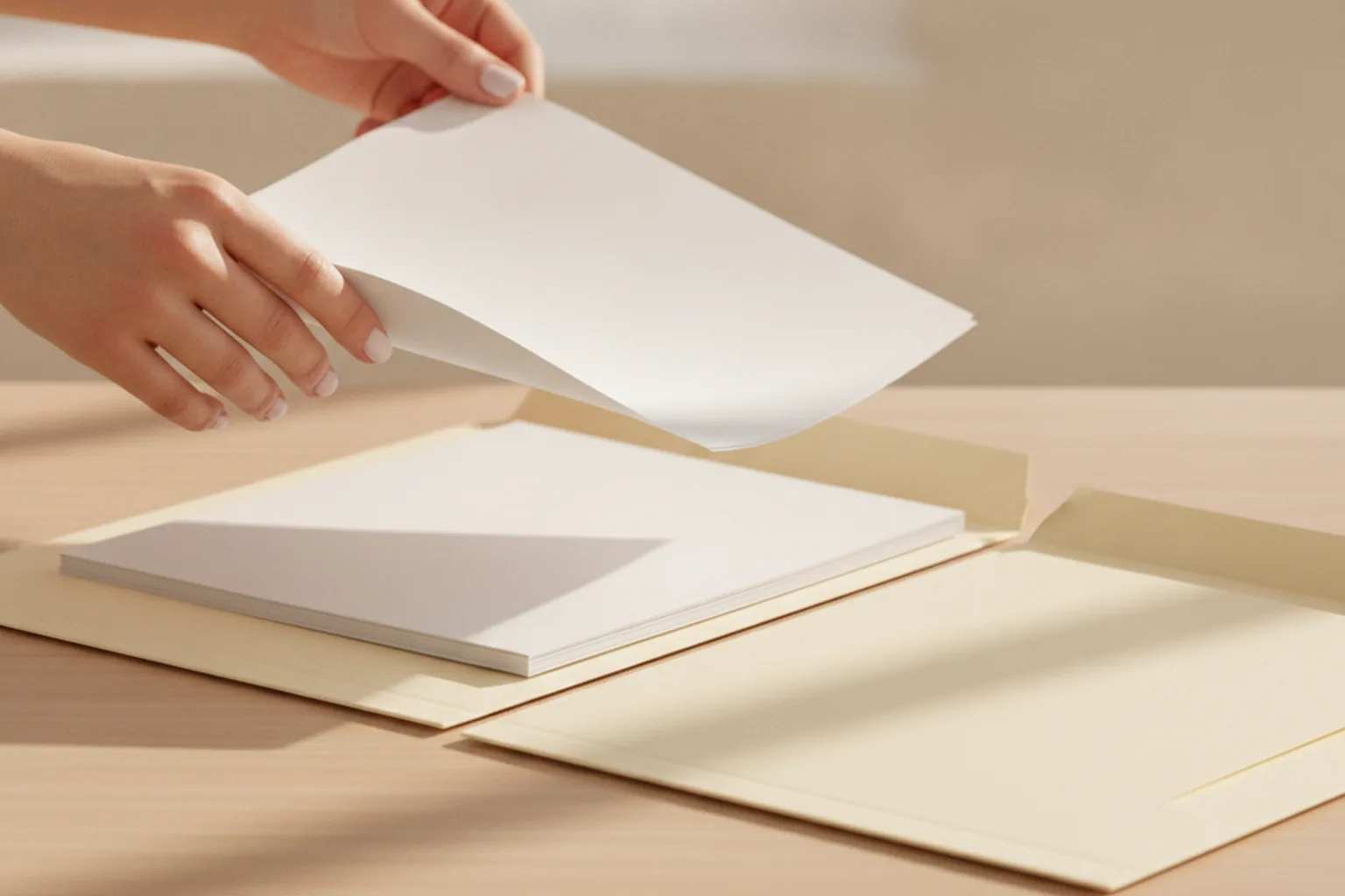 Hands sorting blank documents into two folders on a desk, illustrating the split between capitalized and expensed software costs