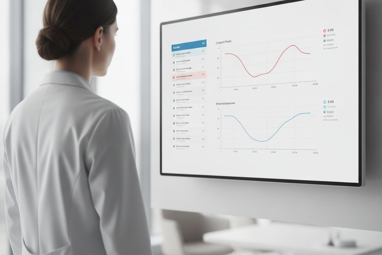 Ein Arzt im wei&szlig;en Kittel pr&uuml;ft ein Dashboard einer elektronischen Gesundheitsakte auf einem gro&szlig;en Klinikmonitor, das eine Patientenliste und Vitalzeichenkurven f&uuml;r Herzfrequenz und Blutdruck zeigt