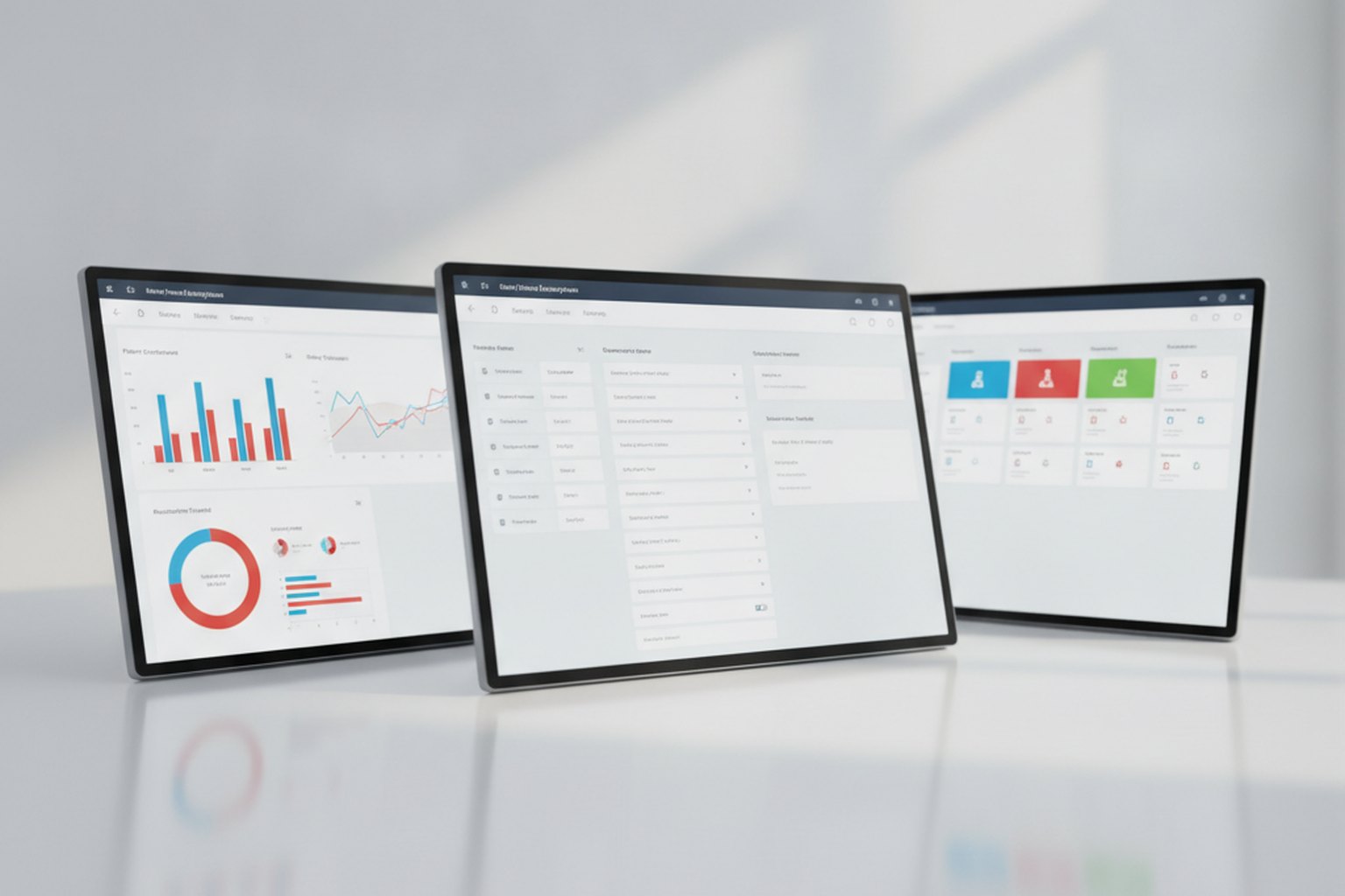Tre schermate di applicazioni farmaceutiche affiancate mostrano una dashboard di gestione delle sperimentazioni cliniche, un modulo di electronic data capture e una griglia di tracciamento dei campioni di laboratorio