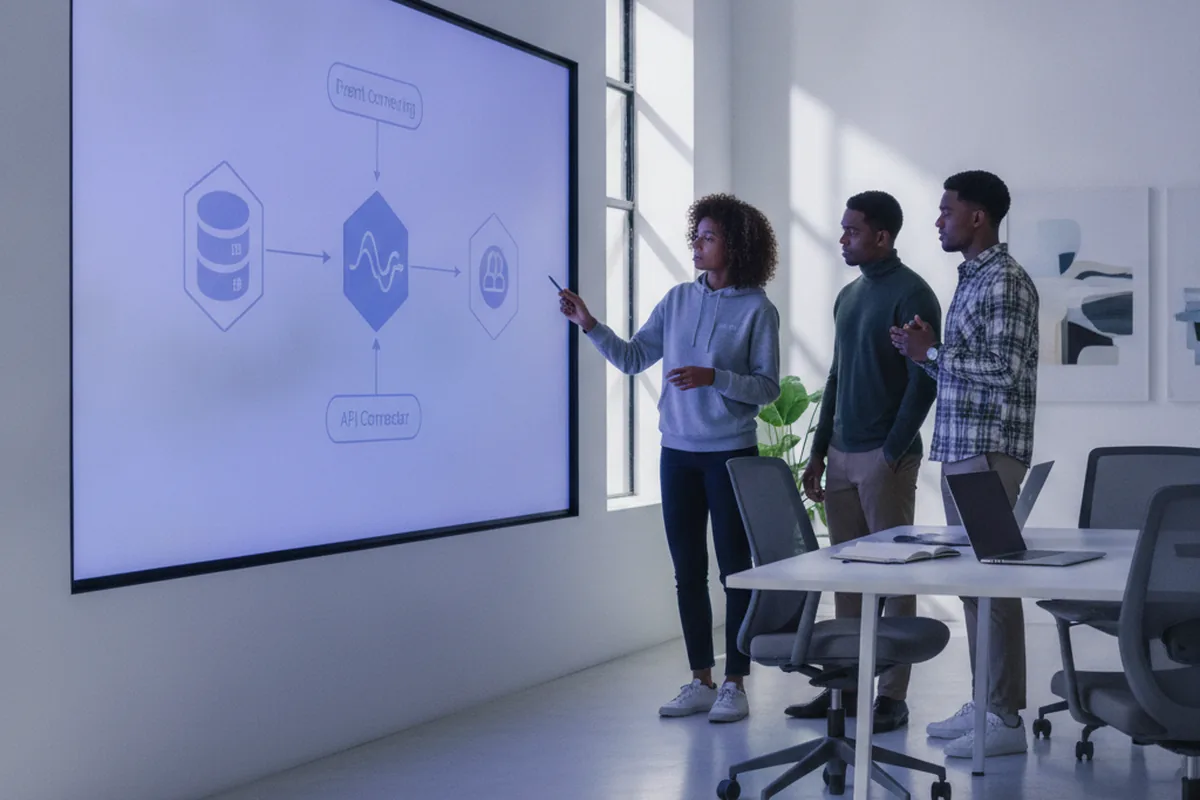 Ingenieros revisando en una pantalla de pared el diagrama de arquitectura de un sistema cloud con iconos de base de datos, streaming de eventos y conectores de API