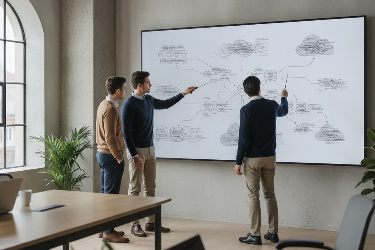Engineers reviewing microservices and cloud infrastructure architecture for a lending platform