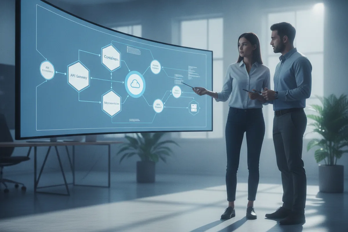 Engineers reviewing a cloud microservices architecture diagram for a travel platform