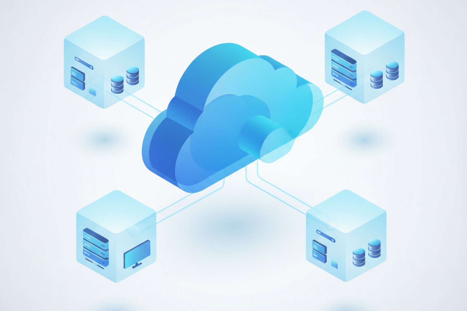 Sch&eacute;ma isom&eacute;trique d'une plateforme cloud centrale reli&eacute;e &agrave; plusieurs bo&icirc;tes de tenants clients s&eacute;par&eacute;es avec serveurs et bases de donn&eacute;es, illustrant l'architecture SaaS multi-tenant