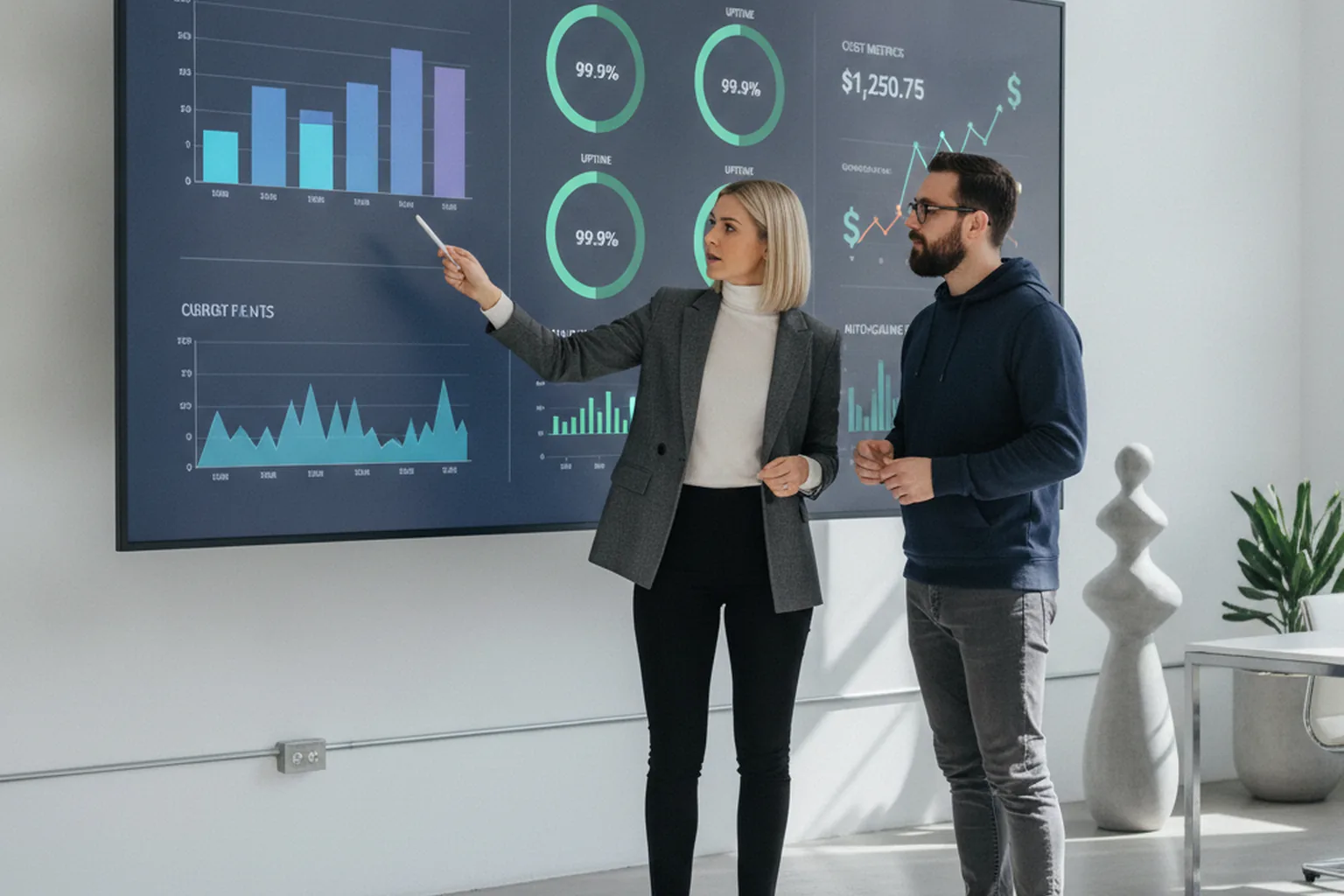 A product manager and cloud engineer reviewing a large wall screen showing a cloud autoscaling dashboard with usage graphs, uptime and cost metrics