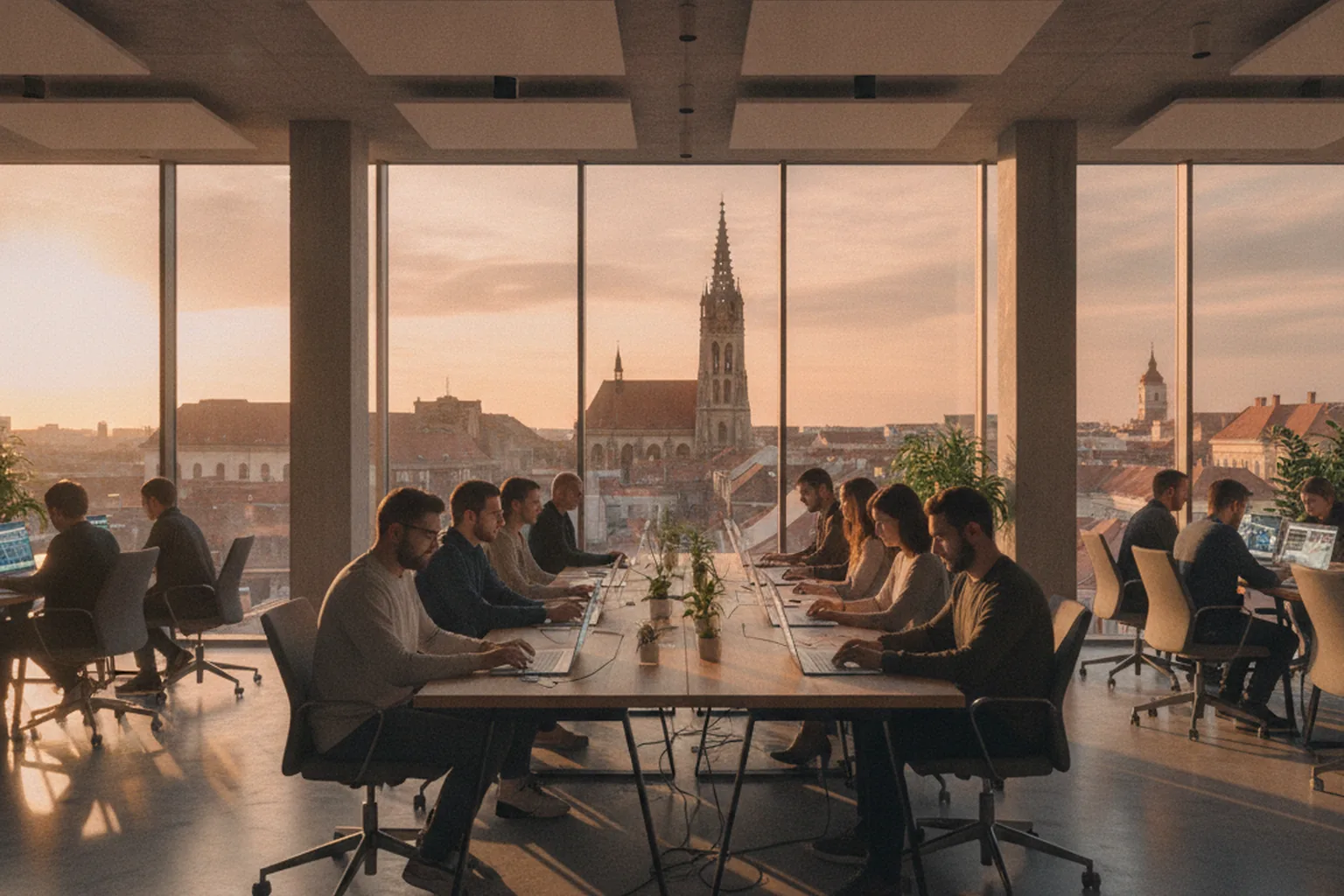 Equipo de ingeniería de software en una oficina de Cluj-Napoca con vistas al casco antiguo al atardecer