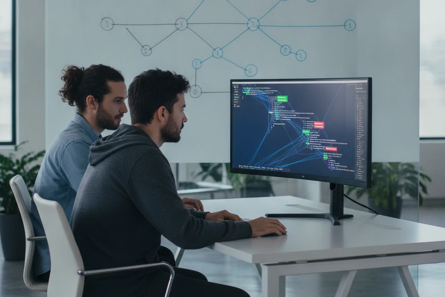 Two engineers reviewing a code change together before merging a pull request