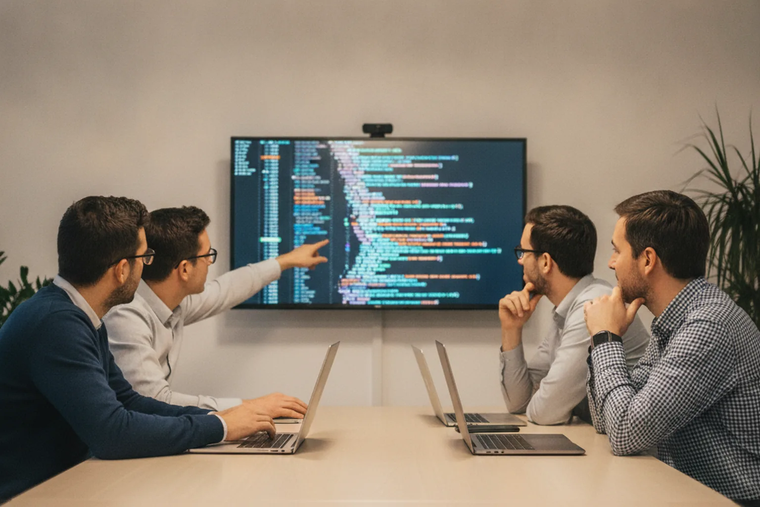 Équipe d’ingénieurs relisant ensemble du code JavaScript et des mises à jour de dépendances