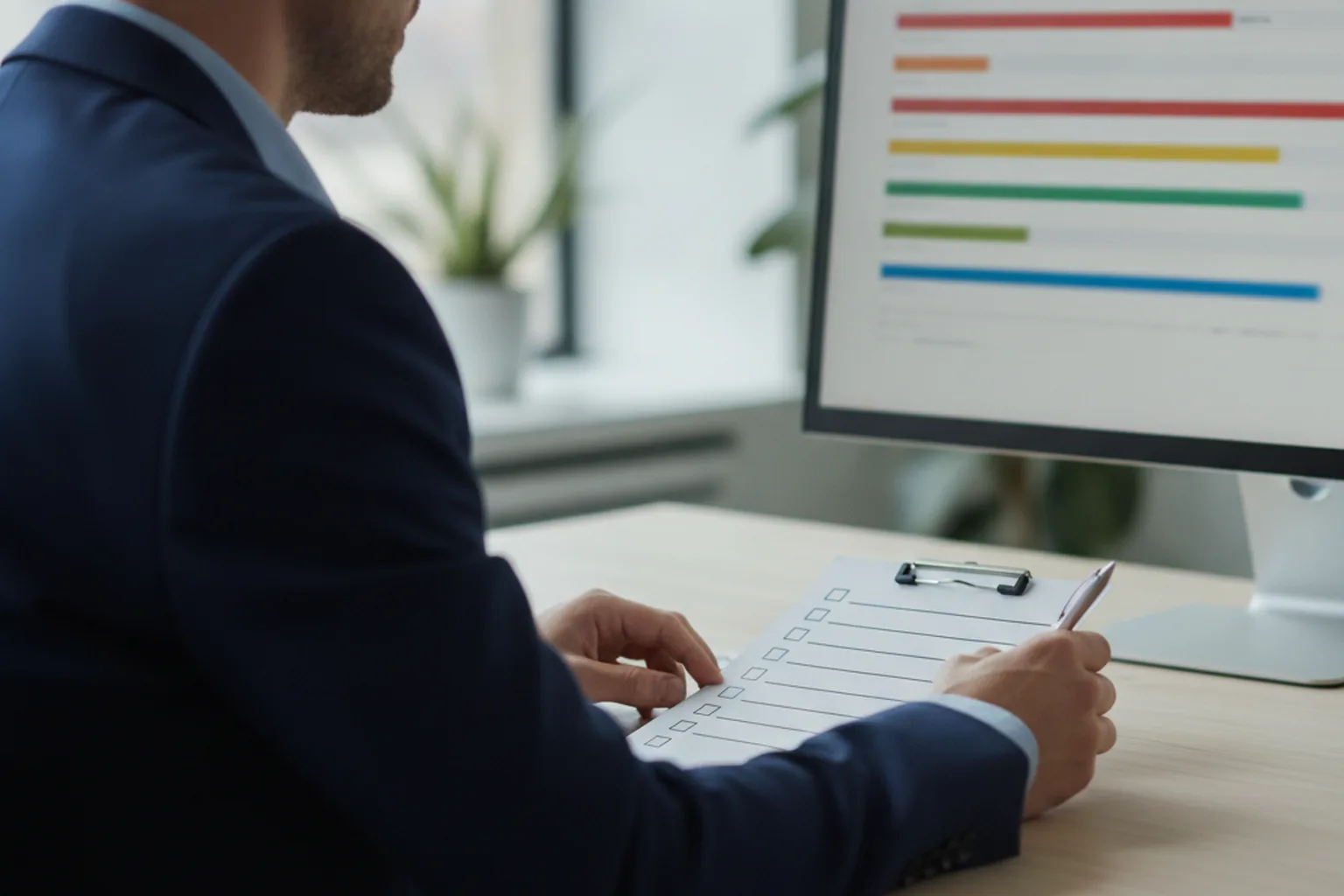 Compliance officer reviewing a monitoring dashboard with colored status bars while ticking items on a printed checklist