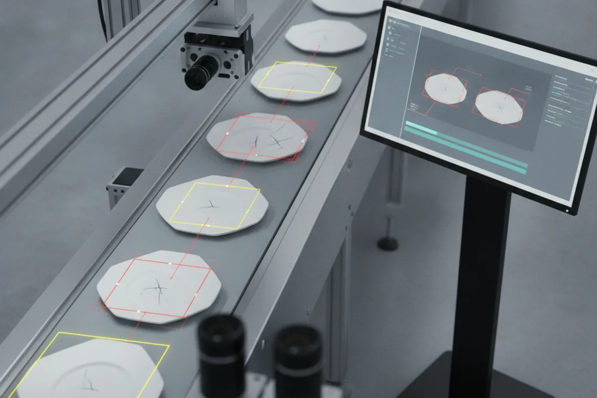 Computer vision system drawing bounding boxes around defects on products moving along a factory conveyor belt
