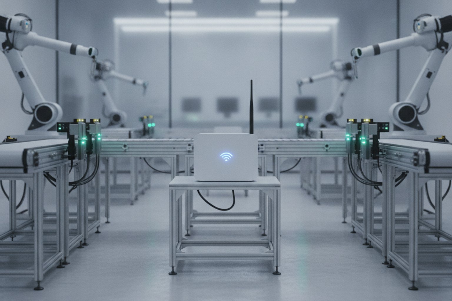 A smart factory floor with connected industrial sensors and a wireless edge gateway device linking machines to the cloud
