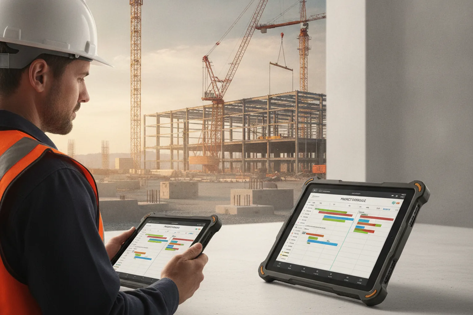 Bauleiter prüft einen Projektterminplan auf einem Tablet auf der Baustelle