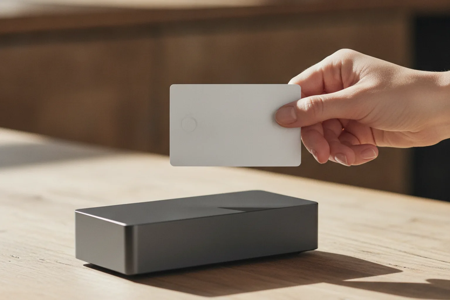 Hand holding a contactless bank card above a card terminal on a wooden counter