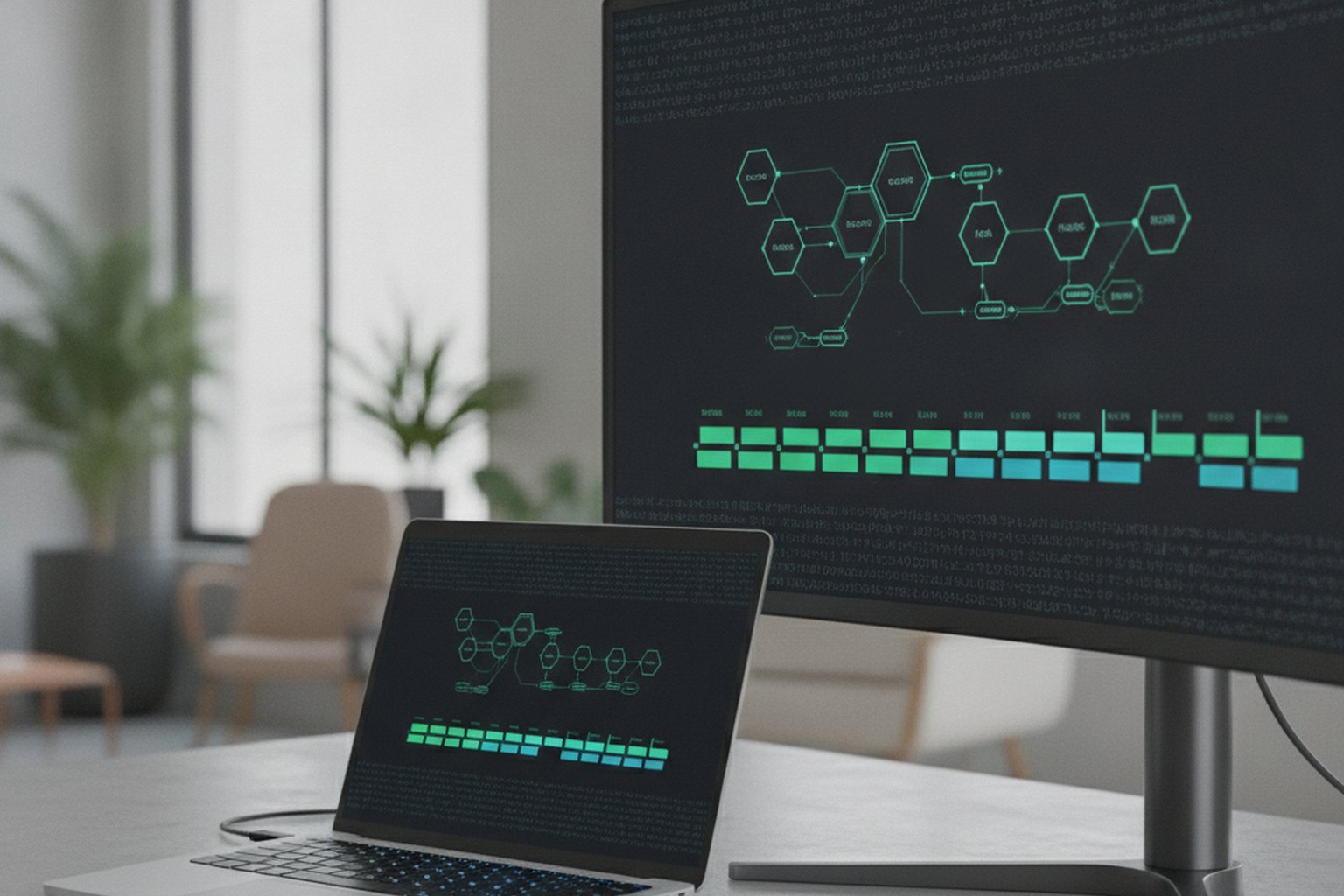 A developer workstation with a laptop and monitor showing a container orchestration dashboard with a service map of clusters and nodes and a row of green and blue deployment status tiles