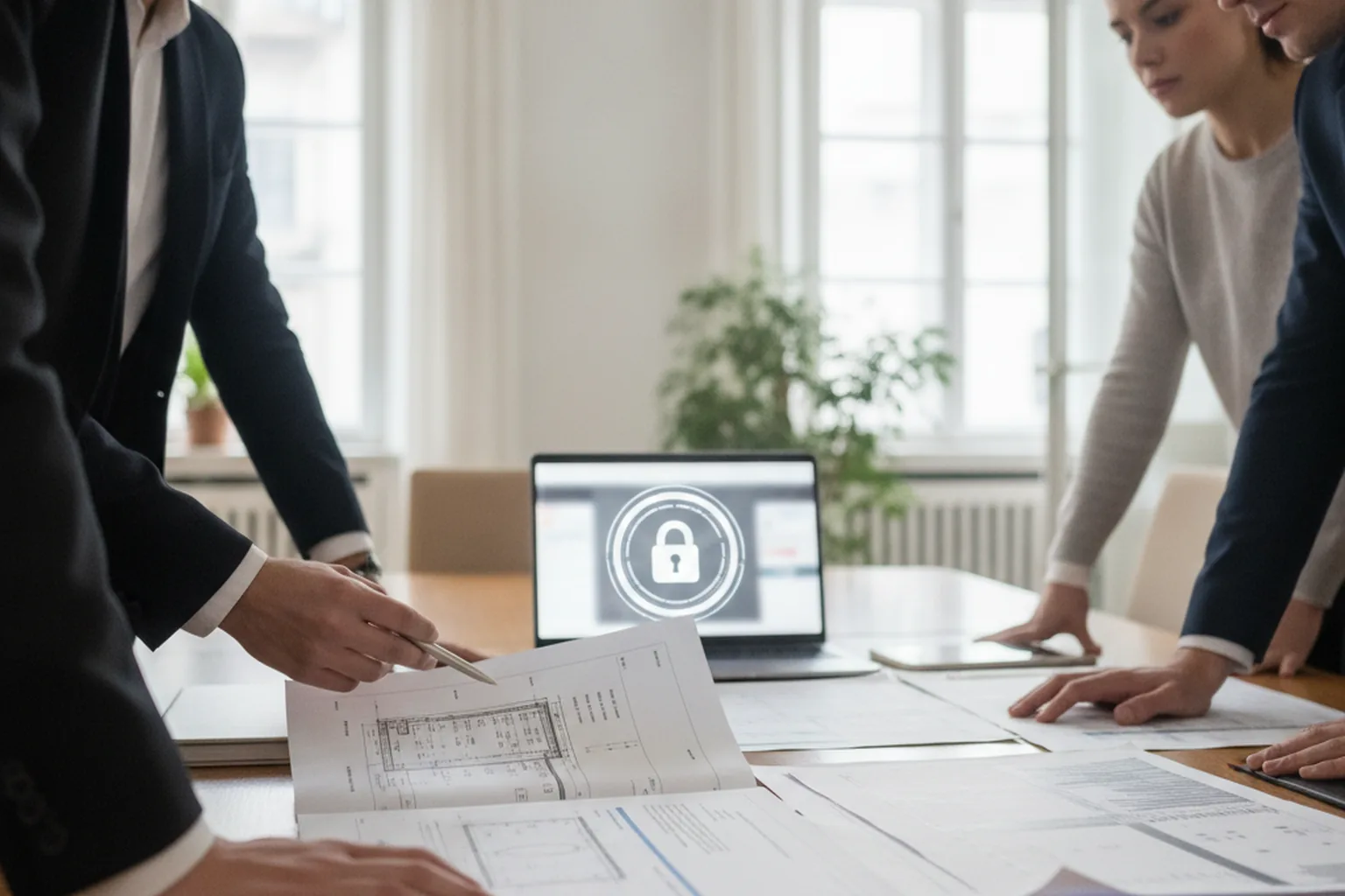 Legal and engineering team reviewing contract and data protection documents with a padlock symbol on a laptop