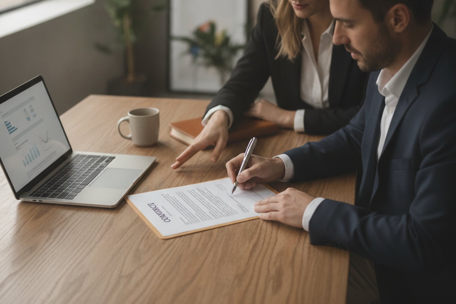 A client and a software vendor reviewing and signing a software development contract at a desk beside a laptop