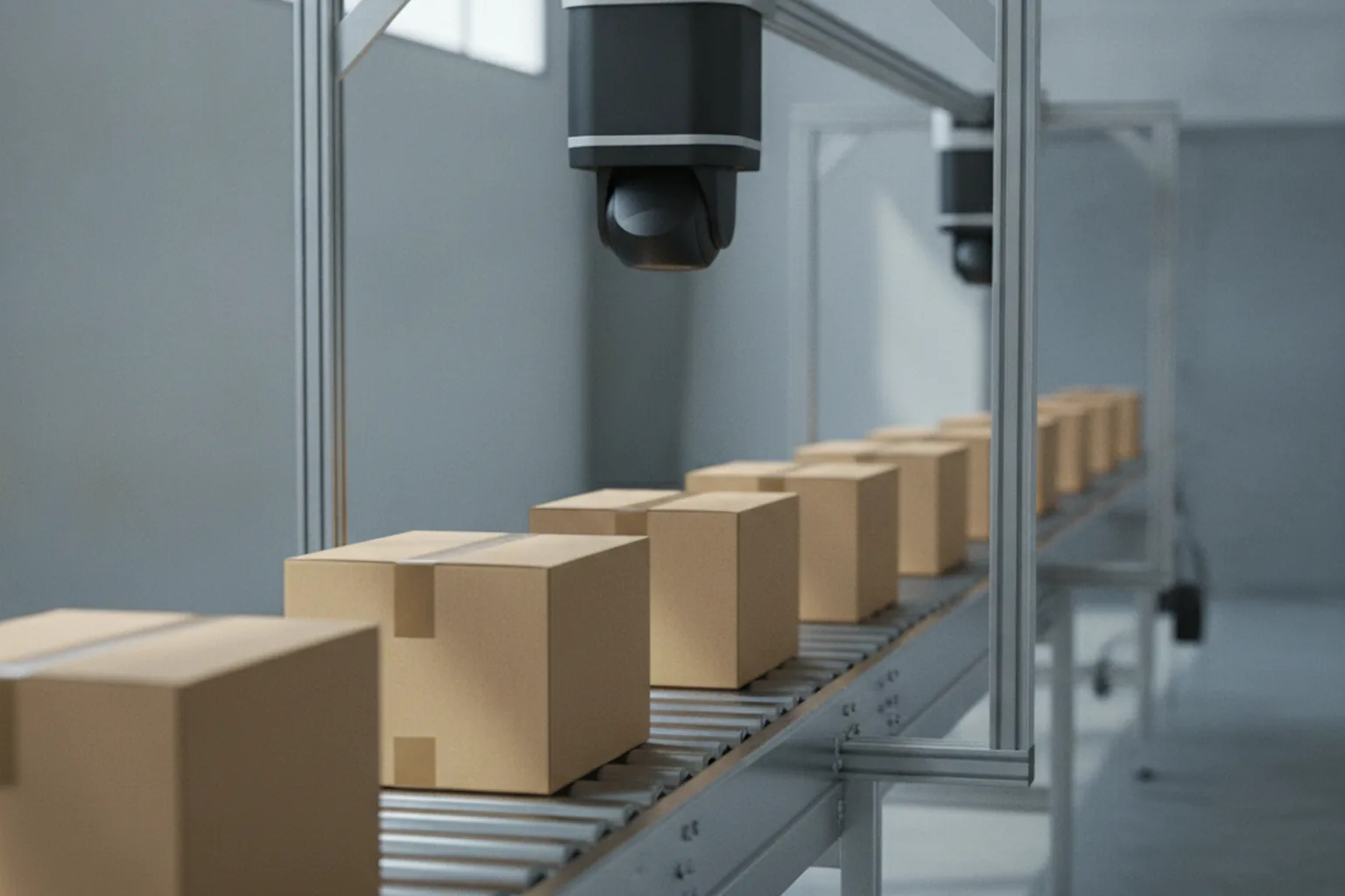 Caméra en surplomb scannant des colis sur un convoyeur pour le développement de logiciels de reconnaissance d’images