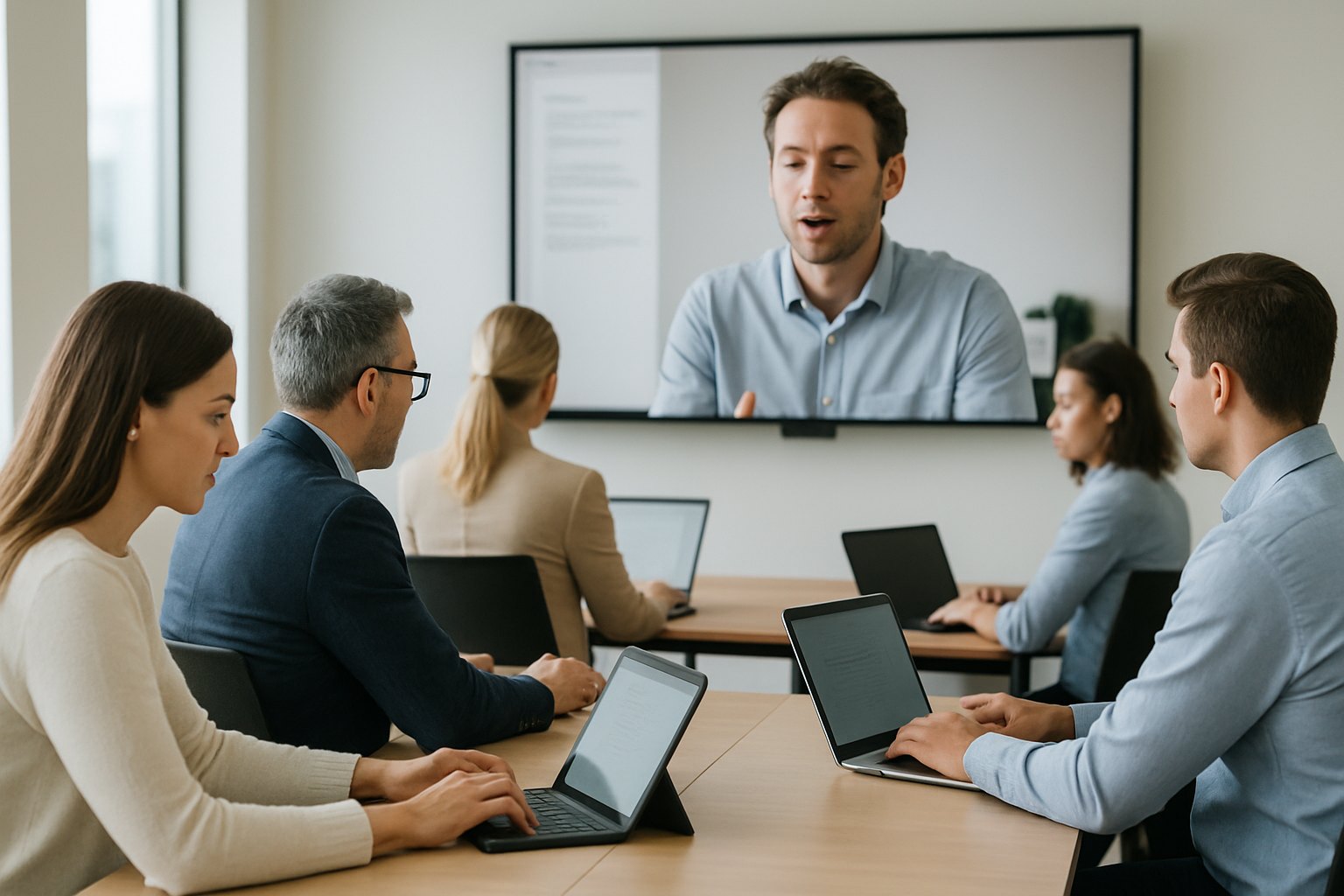 Fachkräfte in einem Firmenschulungsraum absolvieren an Laptops und Tablets einen Online-Kurs mit einer Dozentin auf dem Bildschirm und stellen ein Corporate-LMS im Einsatz dar