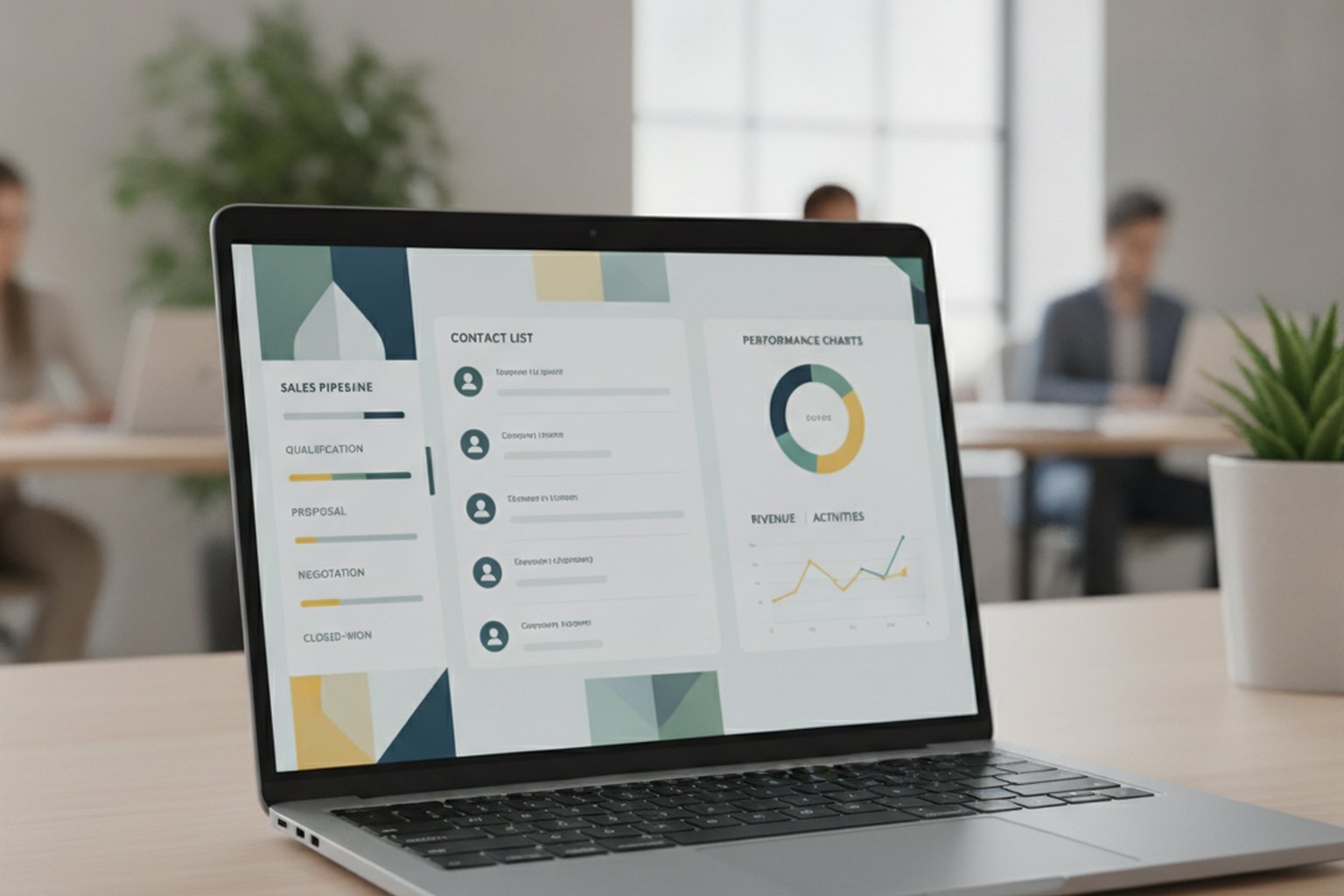 Ein CRM-Software-Dashboard auf einem Laptop mit Vertriebspipeline, Kontaktliste und Performance-Diagrammen