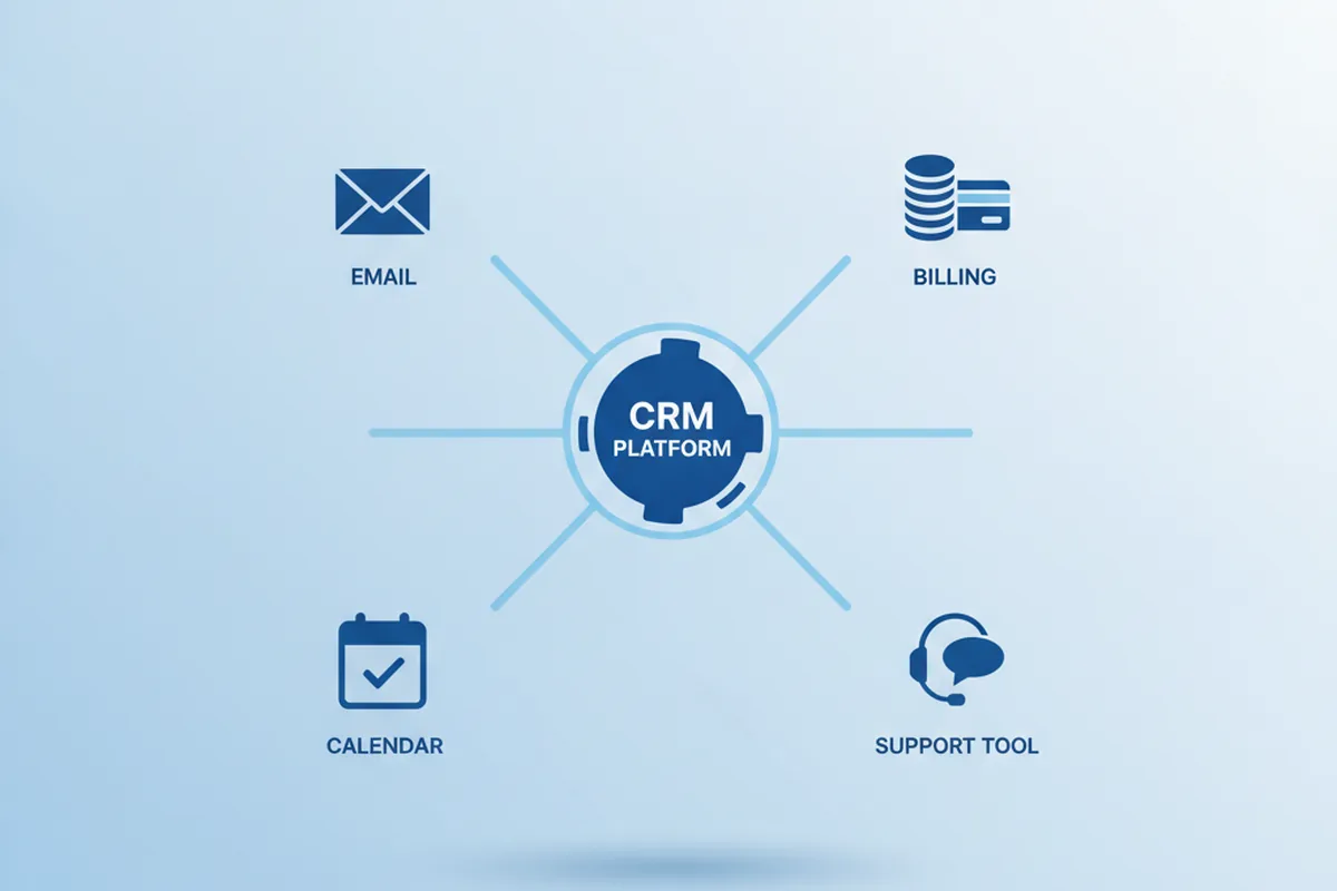 Diagrama de una plataforma CRM conectada mediante líneas de API a integraciones de correo, facturación, calendario y herramientas de soporte