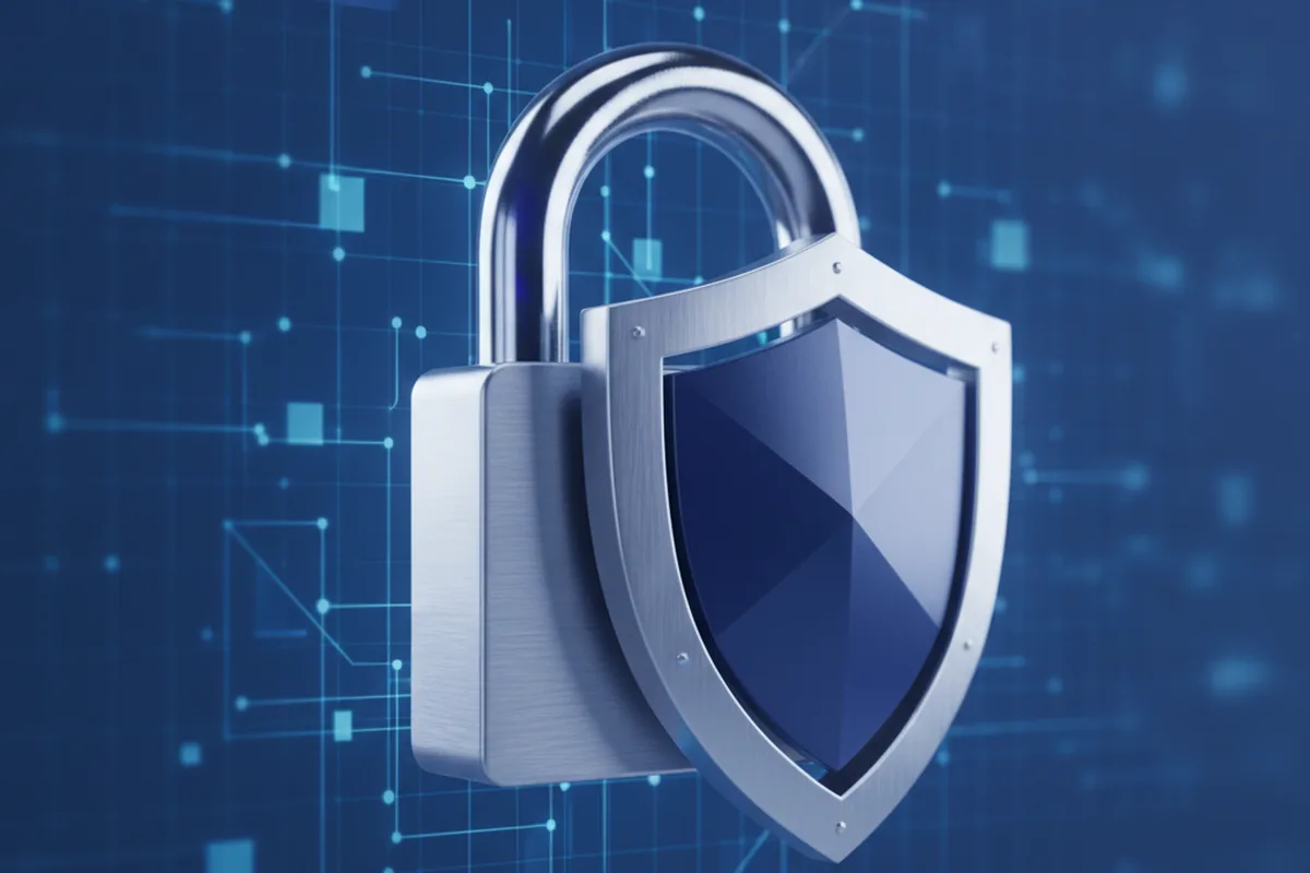 Icono de candado y escudo sobre una cuadrícula de datos abstracta, simbolizando el riesgo de seguridad de datos y permisos de acceso del CRM