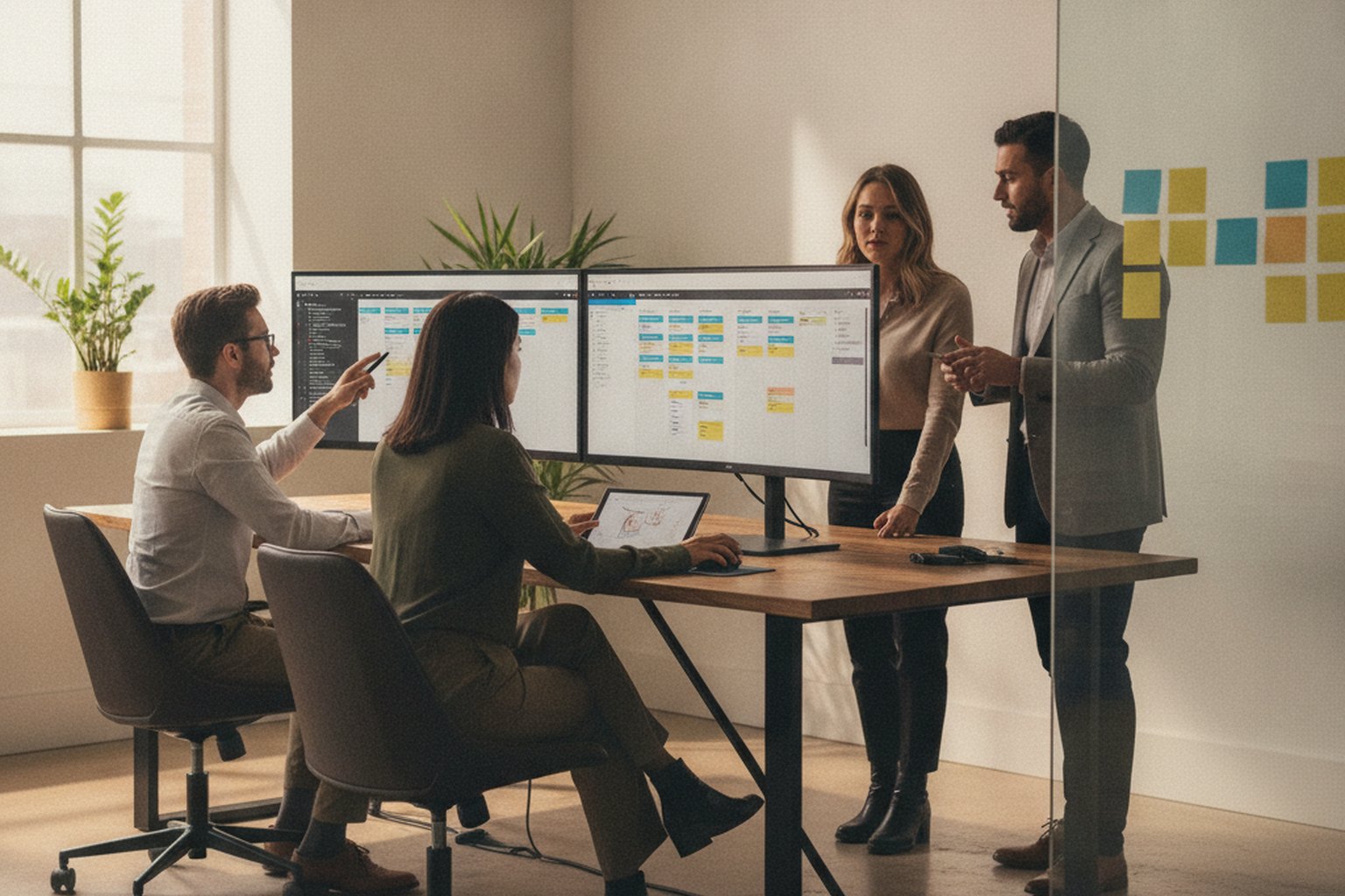 Une équipe produit logicielle transverse de quatre personnes — un développeur, un designer et un ingénieur QA autour de deux écrans affichant un tableau kanban, avec des post-it sur un mur en verre