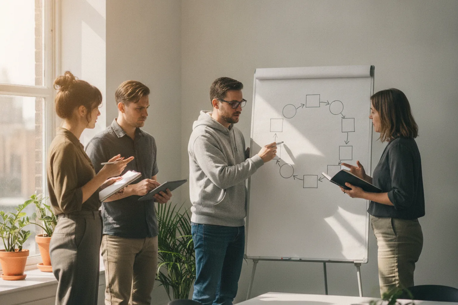 Team software cross-funzionale che discute un diagramma del ciclo di vita del prodotto disegnato su una lavagna a fogli mobili