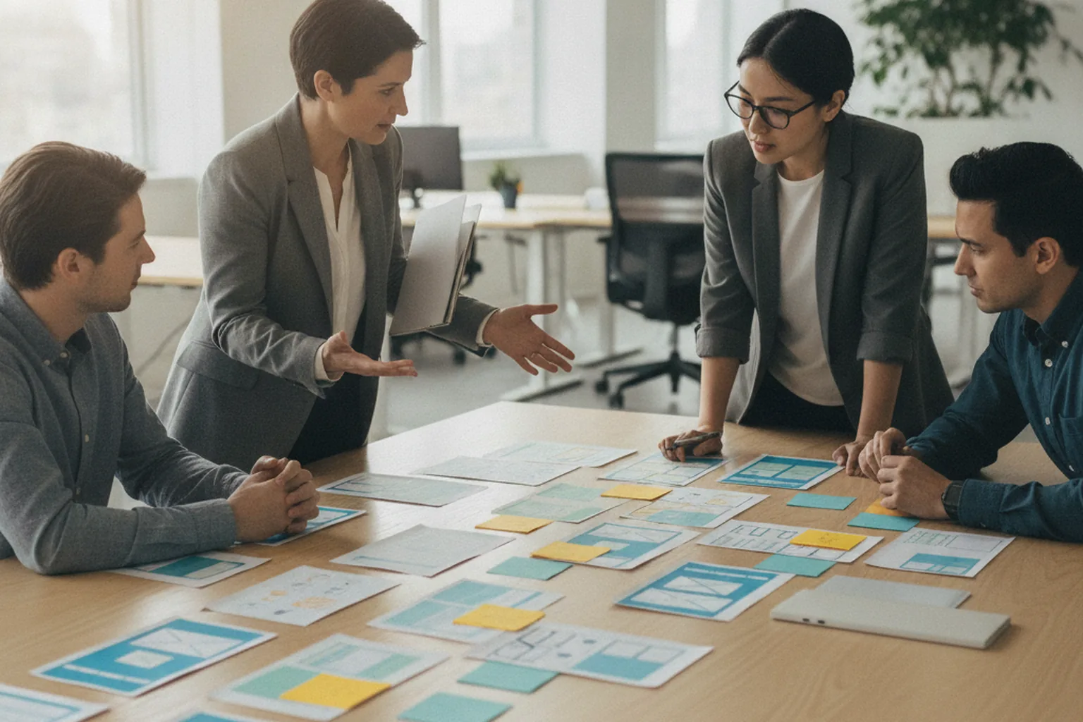 Cross-funktionales Produktteam aus Managerin, Designerin, Entwicklern und Tester plant eine Produkt-Roadmap mit Haftnotizen und Screen-Skizzen am Tisch