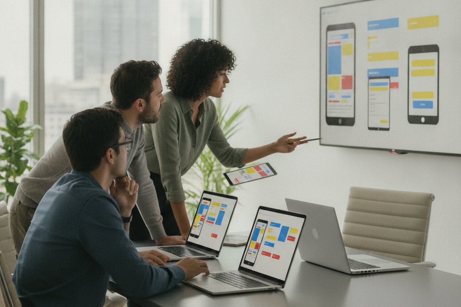 Product team reviewing shared phone and tablet app layouts on a wall display during a cross-platform build
