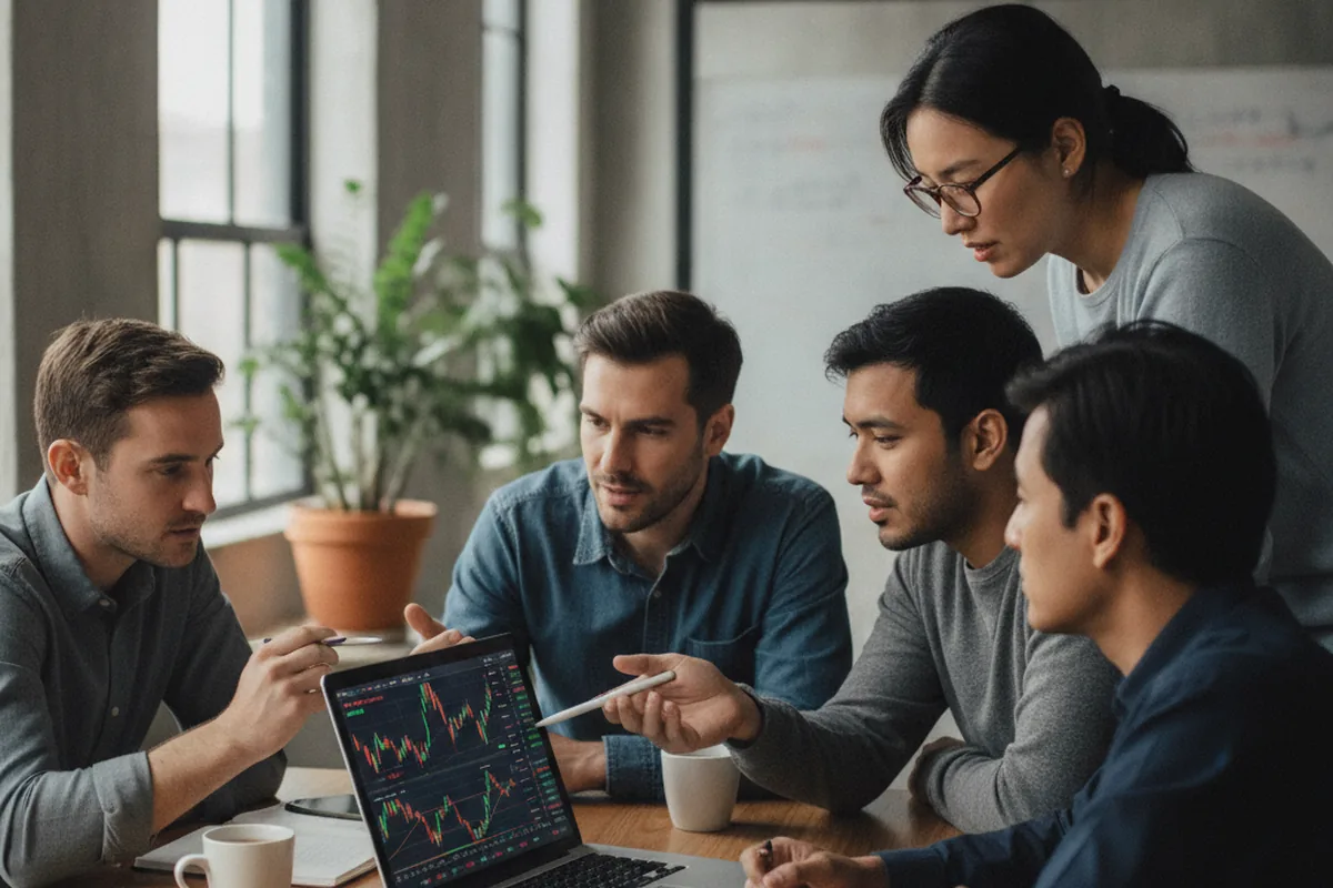 Engineering team reviewing crypto exchange trading charts on a laptop