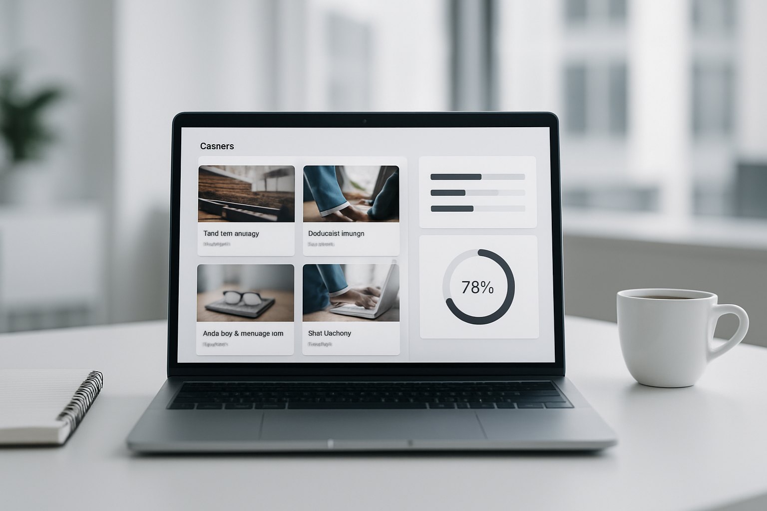 Ein Laptop auf einem Schreibtisch zeigt das Dashboard eines individuellen Learning Management Systems mit Kurskacheln, Fortschrittsbalken der Lernenden und einem Abschlussring und steht für Custom LMS Software Development