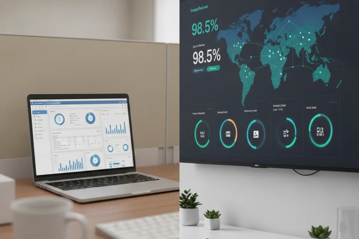 Comparación en paralelo de un panel de software estándar genérico en un portátil frente a un panel de cadena de suministro a medida con KPI propios de la empresa en una pantalla grande
