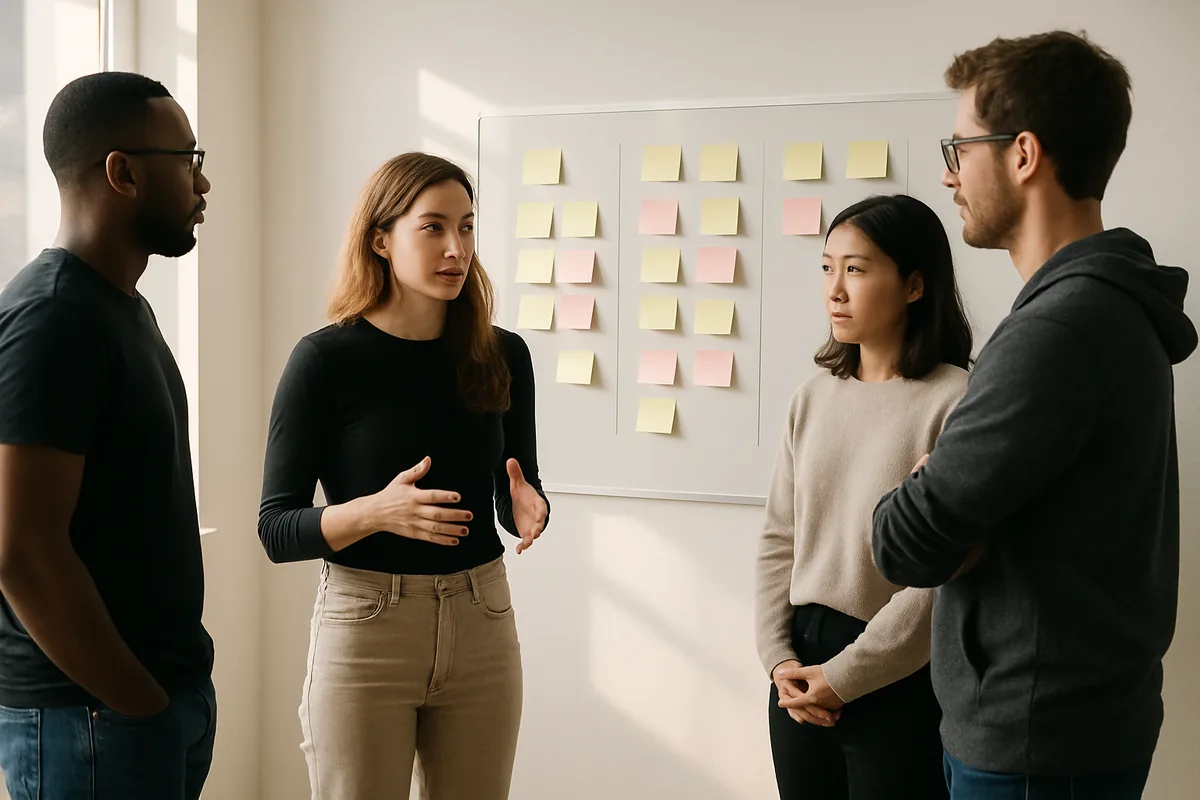Developers at a daily stand-up in front of a task board