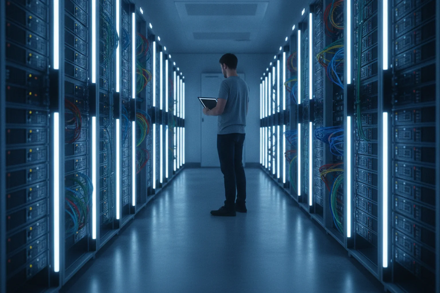 Data Engineer geht durch einen Servergang in einem Rechenzentrum, in dem eine Big-Data-Plattform läuft