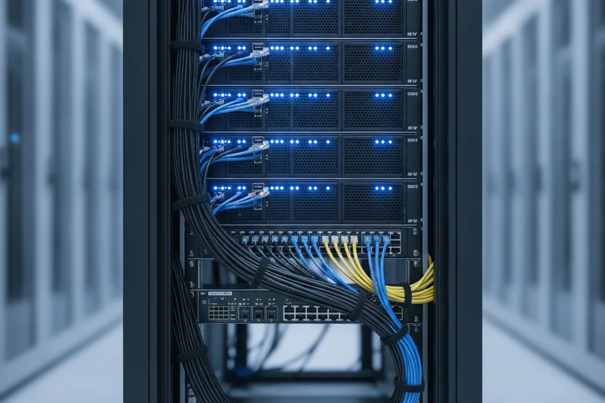 Close-up of a server rack with blue status lights and organized cables, representing container and cloud infrastructure tooling