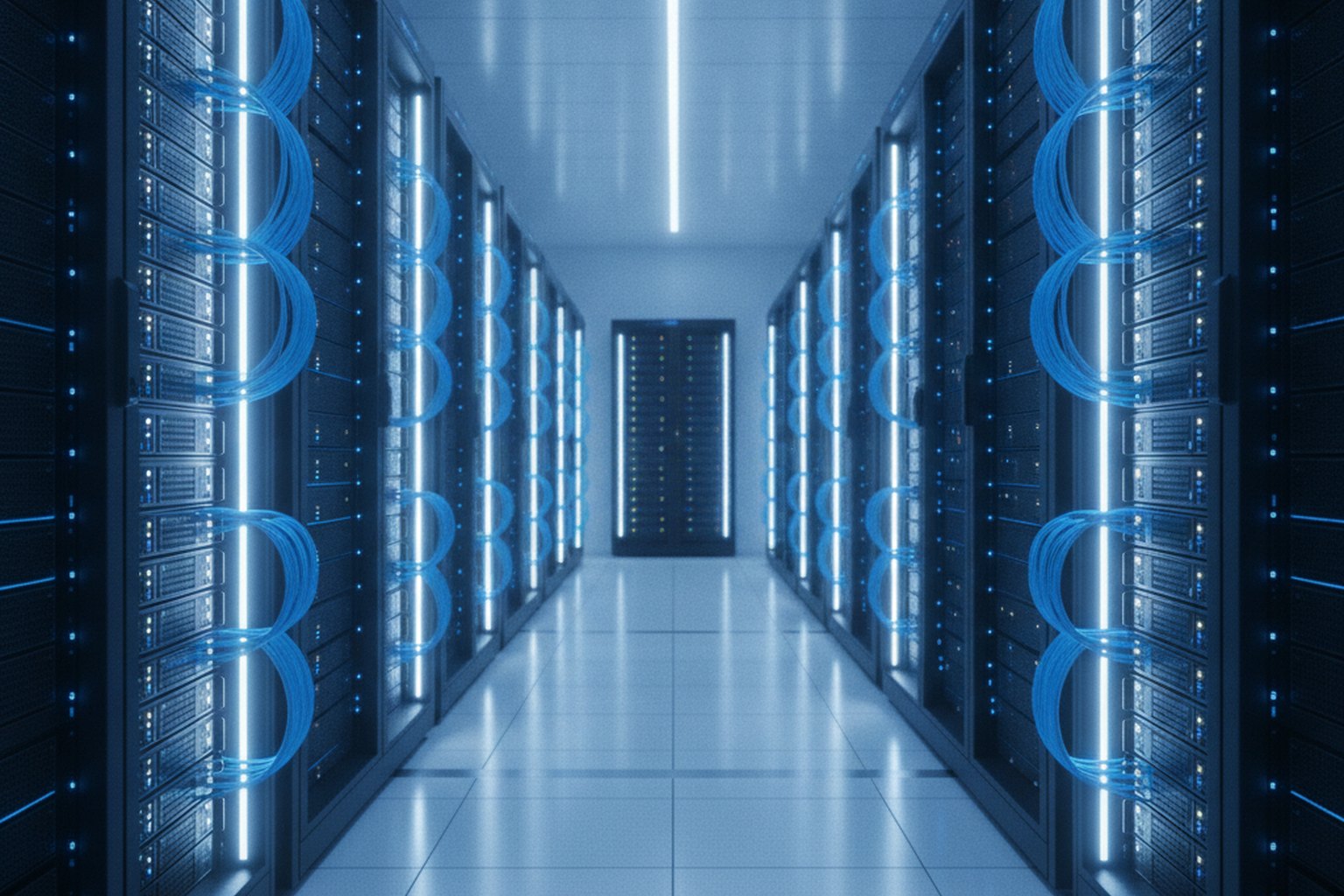 A modern cloud data center aisle with two rows of illuminated server racks and blue fibre-optic cabling under cool blue lighting