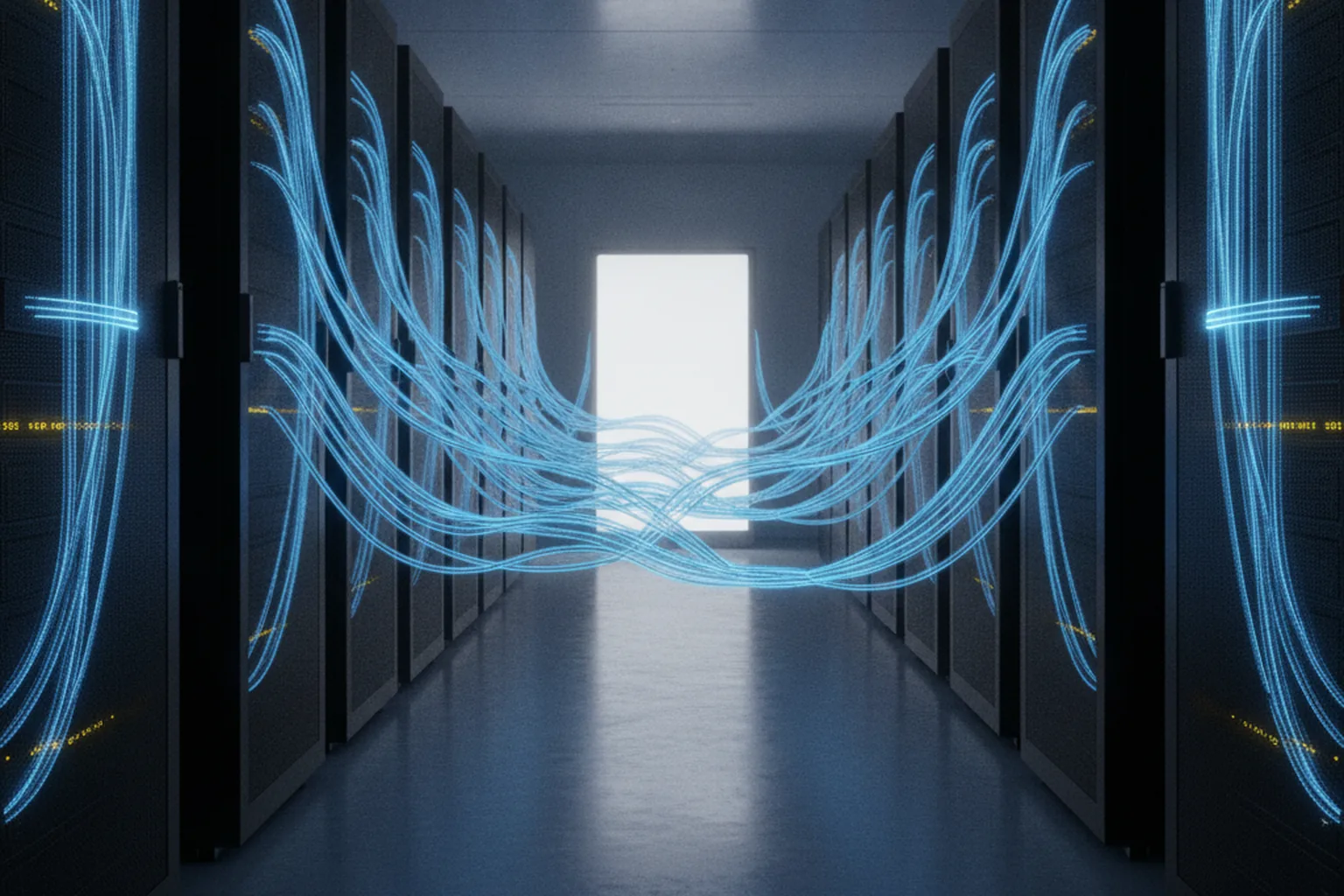 Corridoio di un data center con rack di server e cavi in fibra ottica blu luminosi che convergono verso un punto centrale, a rappresentare le pipeline di dati