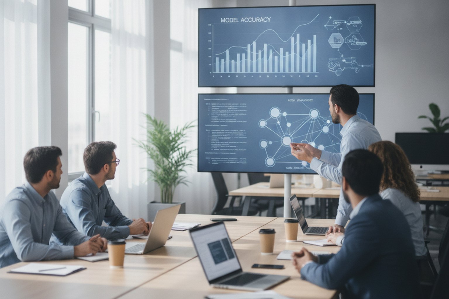 A data science team reviewing model accuracy charts on screens while building a machine learning system