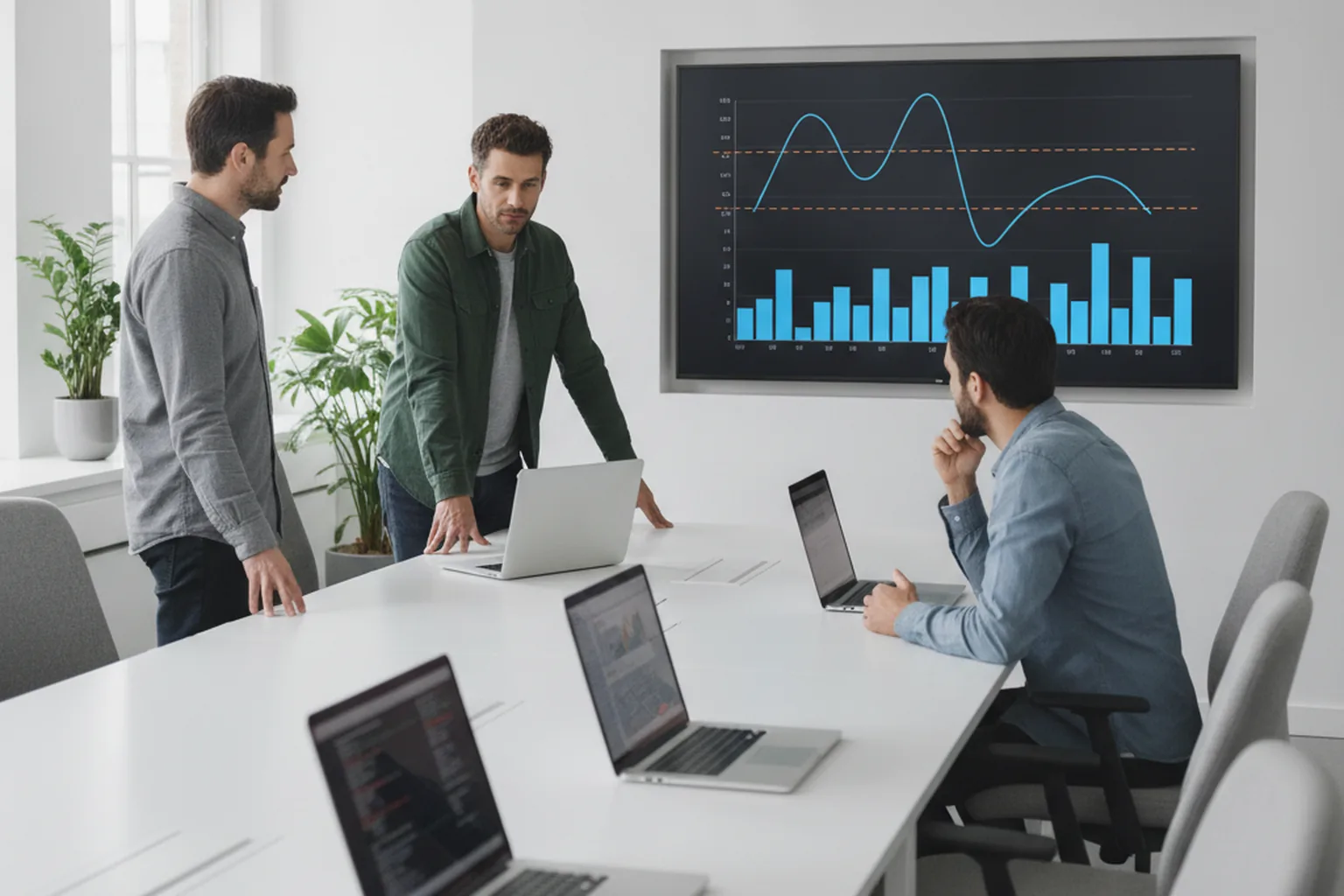 Équipe logicielle examinant une carte de contrôle des taux de défauts lors d’une revue Six Sigma du développement logiciel