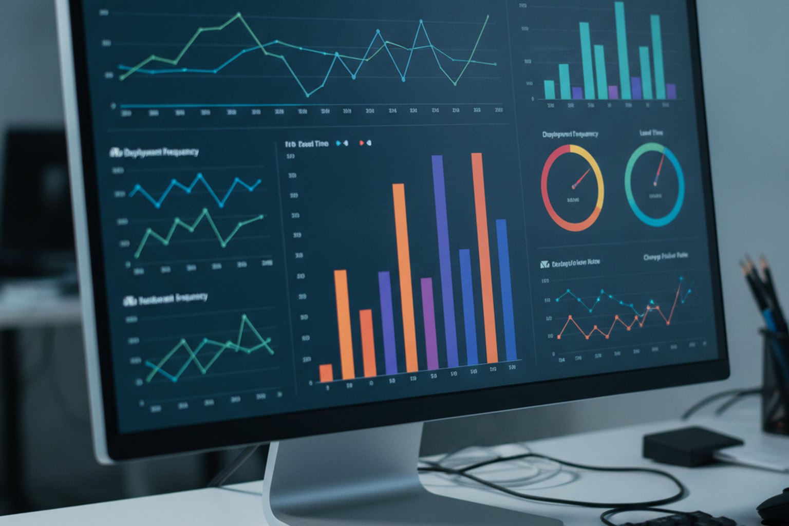 A widescreen monitor displaying an abstract software delivery metrics dashboard with trend lines, bar charts and gauges