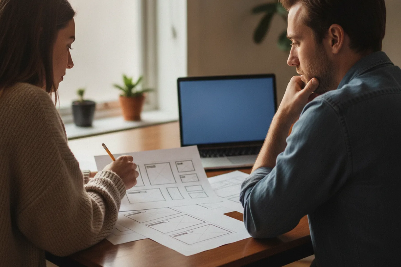 Produktdesignerin und Softwareentwickler prüfen vor Entwicklungsbeginn gemeinsam Papier-Wireframes