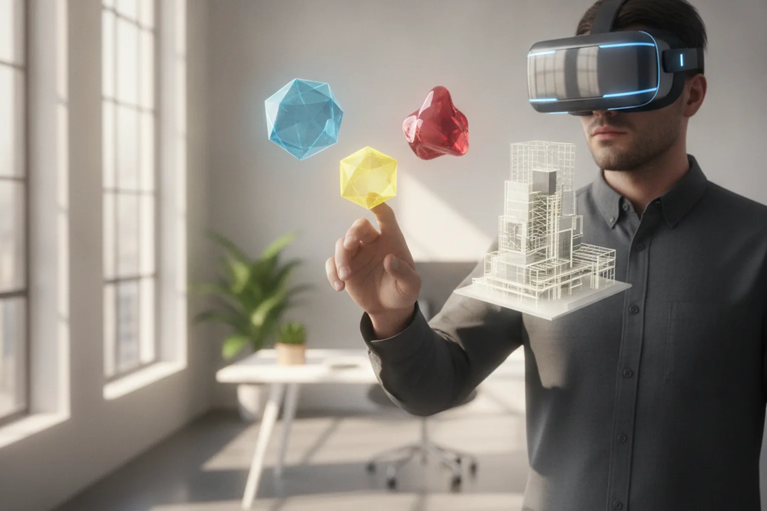 Produktdesignerin mit Mixed-Reality-Headset berührt schwebende 3D-Formen neben einem holografischen Gebäudemodell in einem hellen Büro
