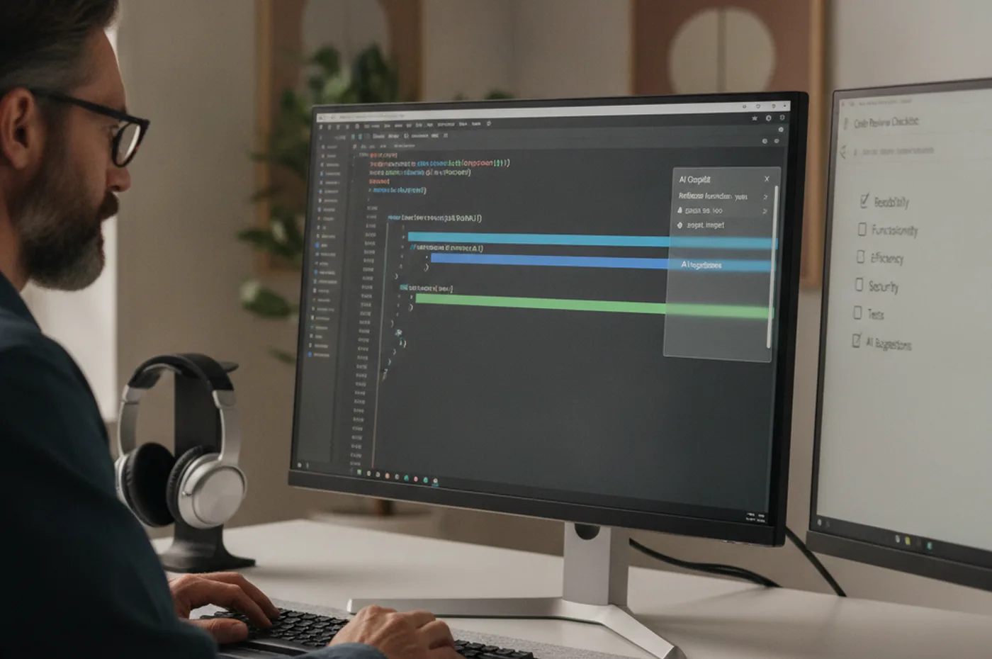 Software engineer reviewing AI-generated code suggestions next to a code review checklist