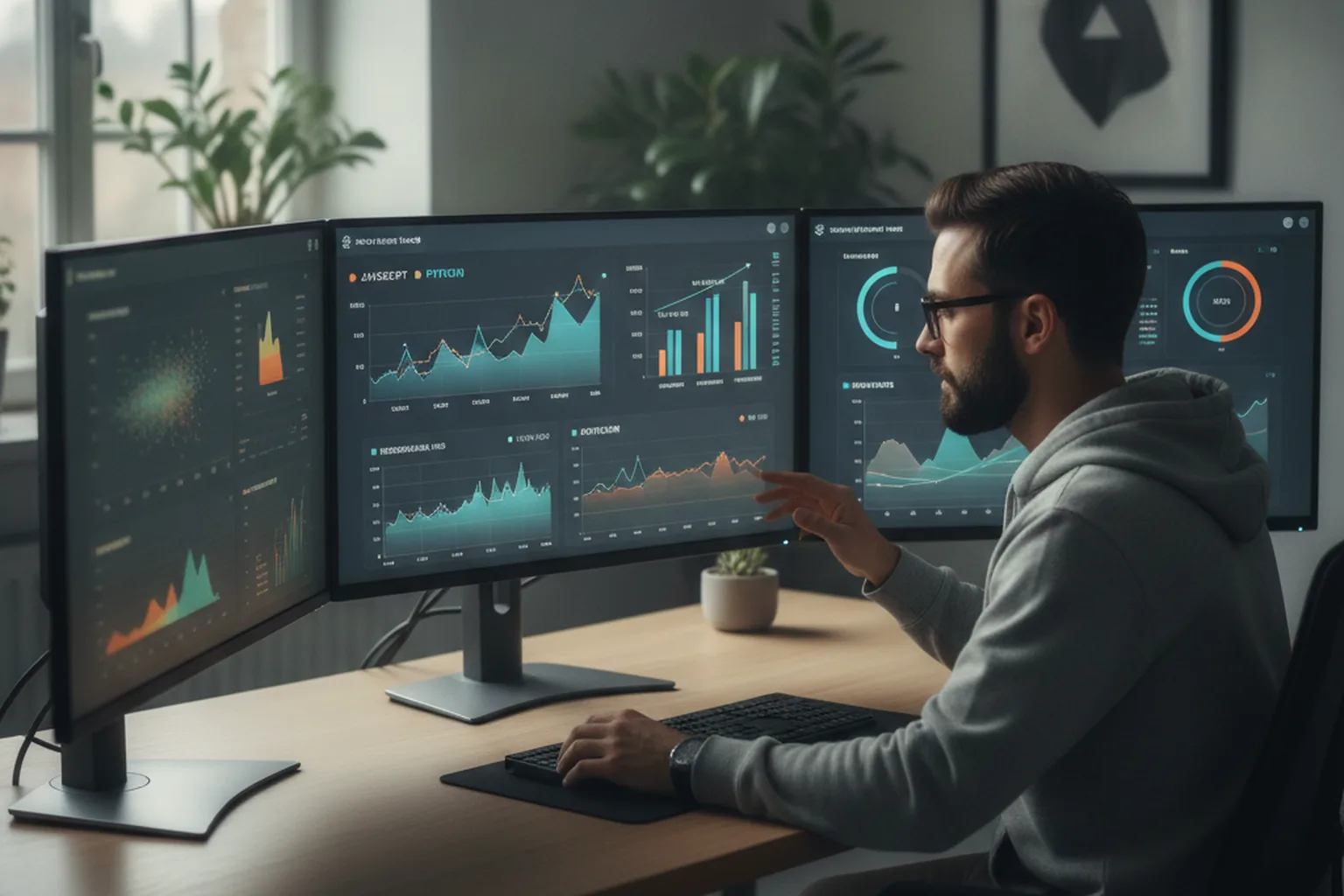 Developer reviewing programming language and framework performance benchmark dashboards