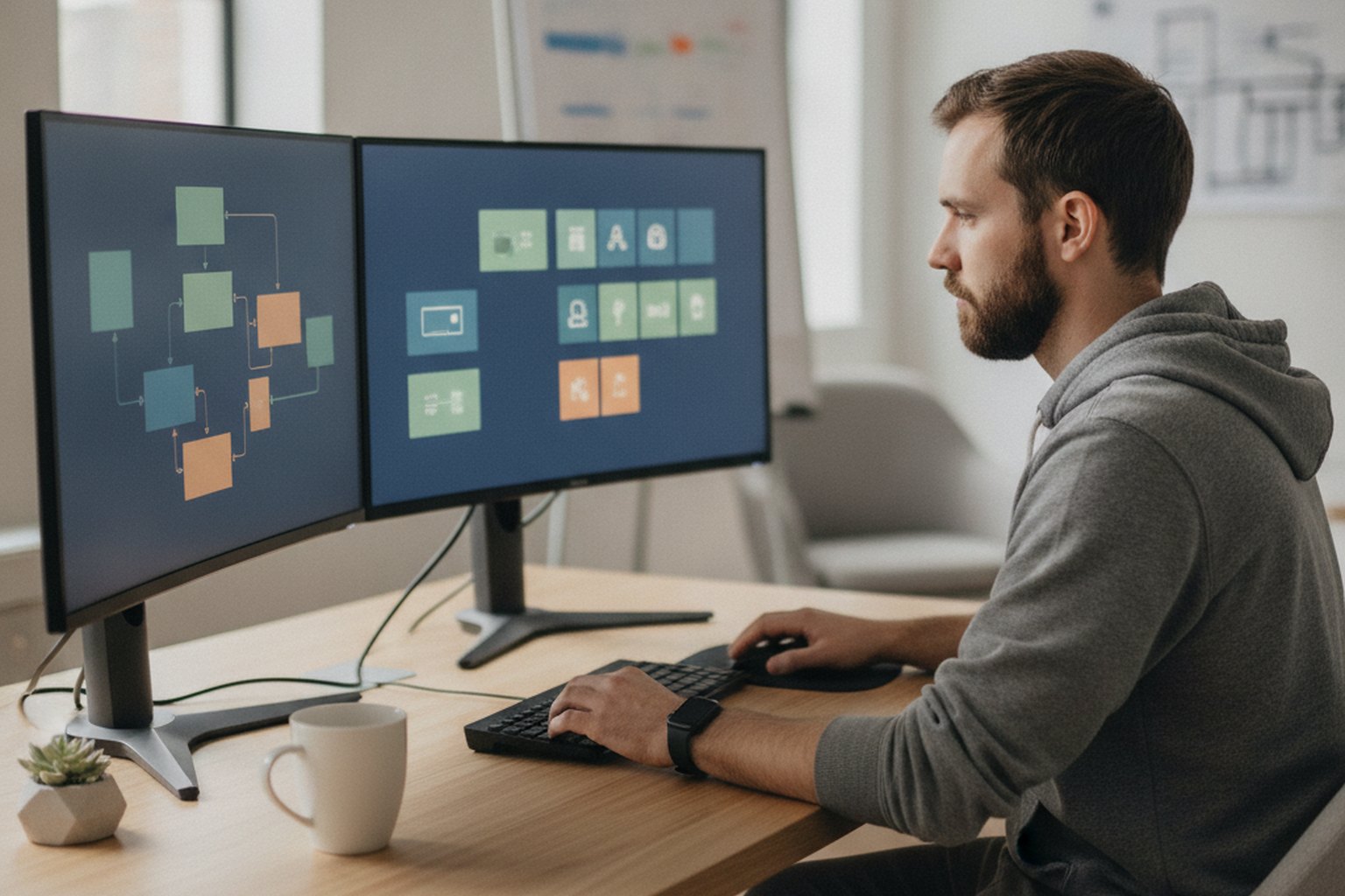 Un developpeur logiciel construit une plateforme d'apprentissage en ligne sur deux ecrans montrant des wireframes de createur de cours et des blocs de contenu