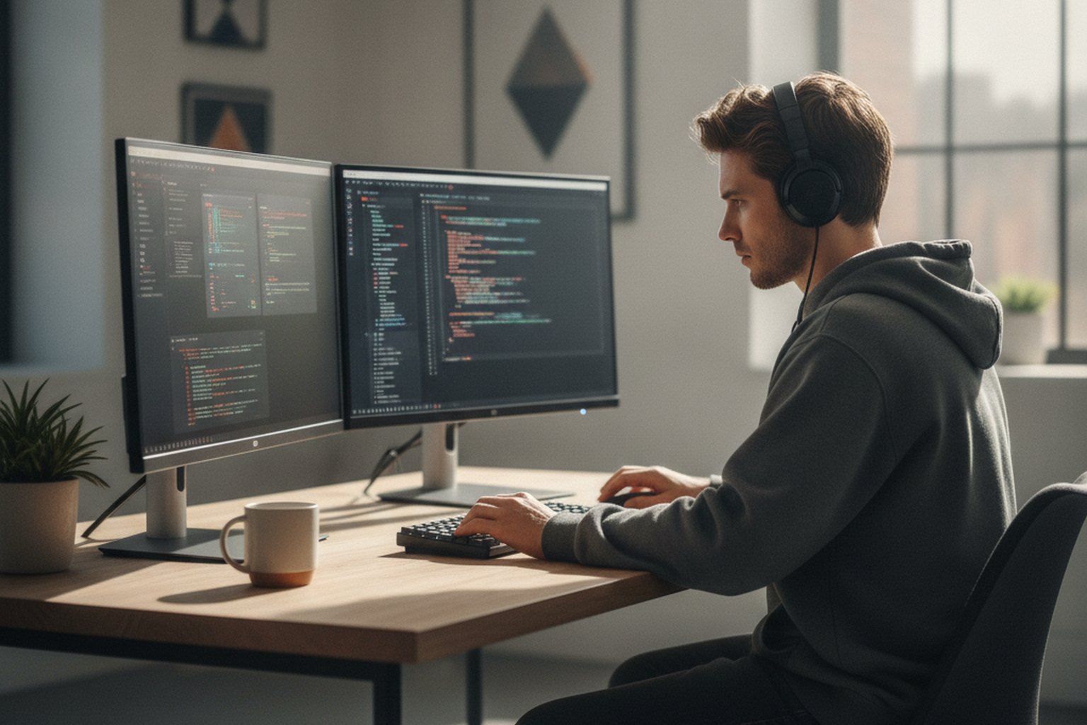 Un d&eacute;veloppeur logiciel &agrave; un bureau avec deux &eacute;crans construisant une application web, du code et des maquettes d'interface &agrave; l'&eacute;cran