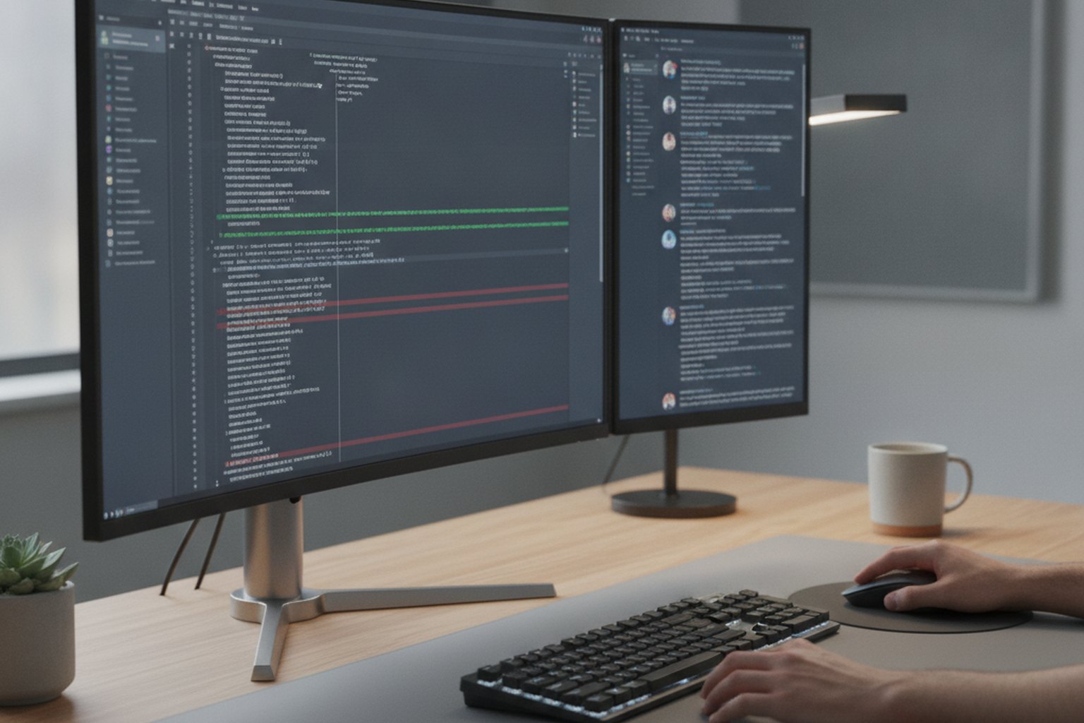 La scrivania a doppio monitor di uno sviluppatore che mostra una code review con aggiunte e rimozioni su uno schermo e un thread di commenti di una pull request sull'altro