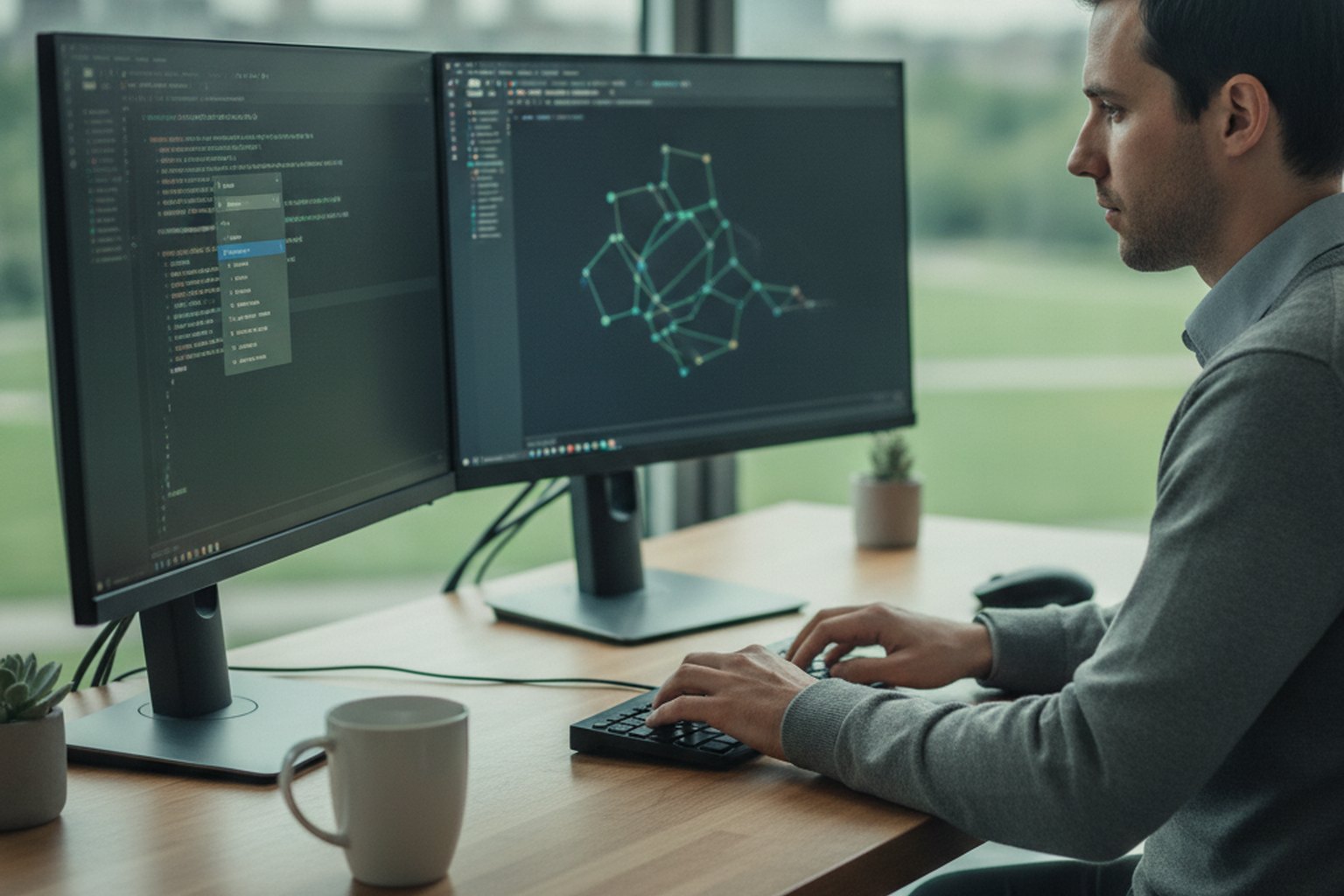 A software developer at dual monitors with a code editor showing autocomplete suggestions, representing AI-assisted coding as a default workflow in 2026