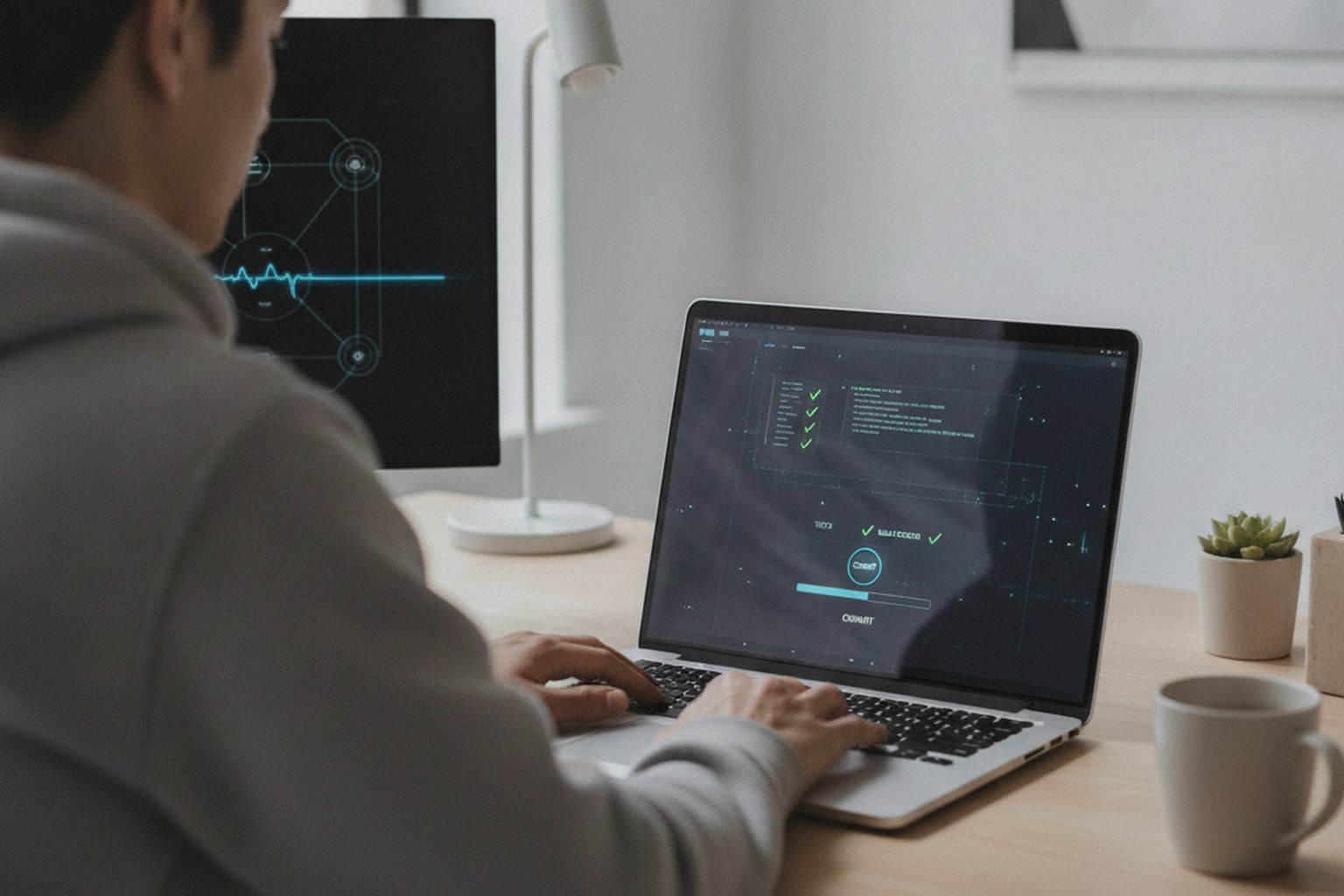 Ein Entwickler committet Code auf einem Laptop in ein gemeinsames Repository, während ein automatisierter Build mit bestandenen Test-Häkchen läuft