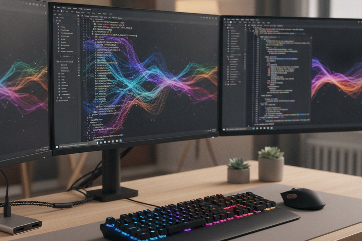 A software developer's workstation with three monitors showing code in an editor, representing the best software development tools in 2026